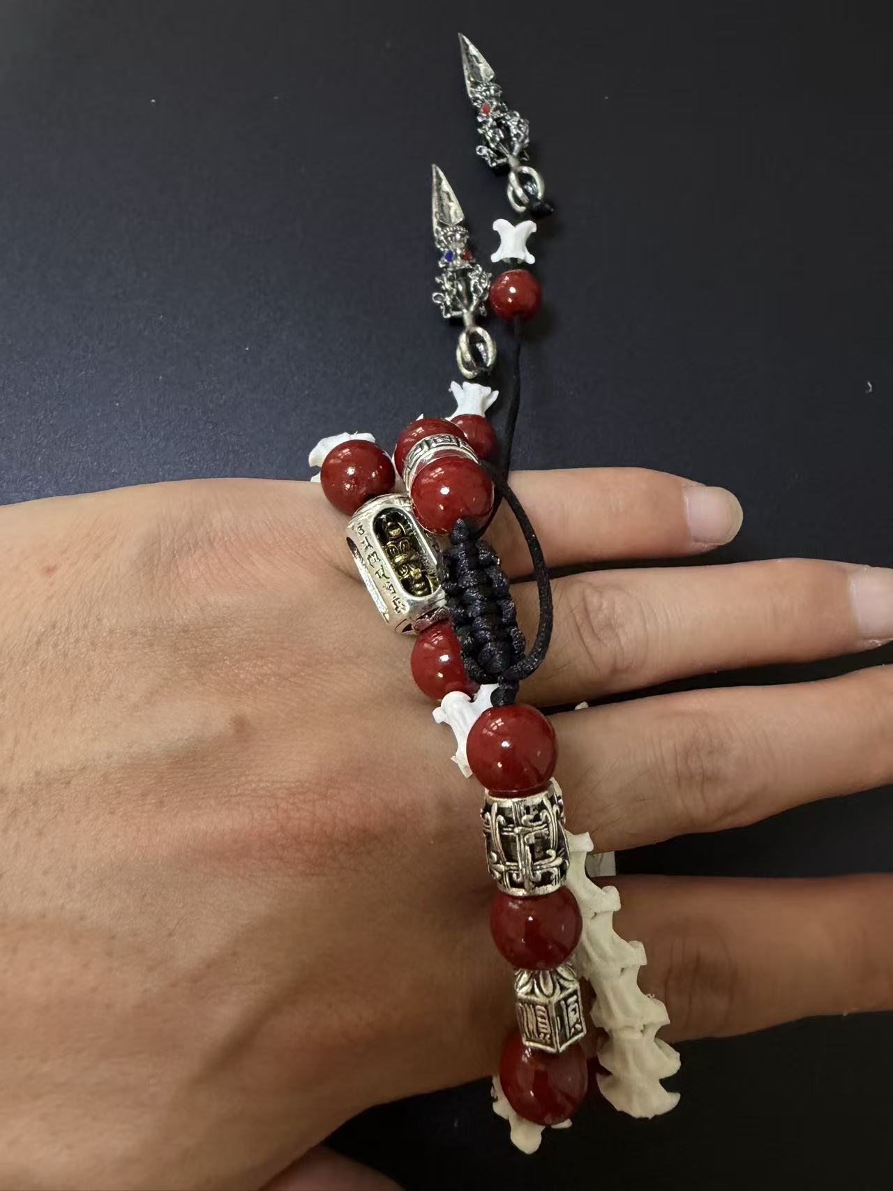 Real Snake Skull & Spine Bracelet – Red Agate, Tibetan Dorje Charms | Gothic Talisman Jewelry