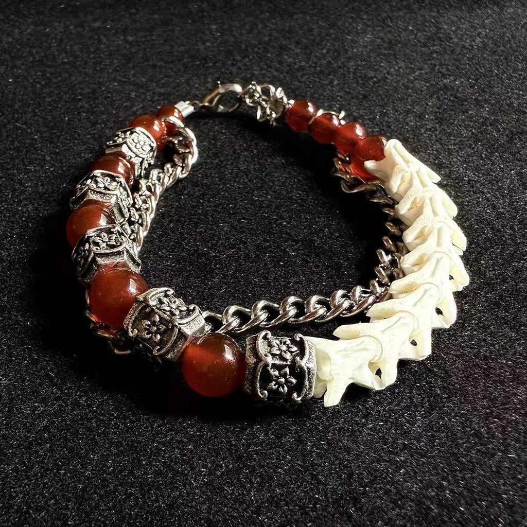 Real Snake Bone & Cuban Chain Bracelet — Natural Gemstone Beads & Vintage Alloy Spacers | Gothic Street Style
