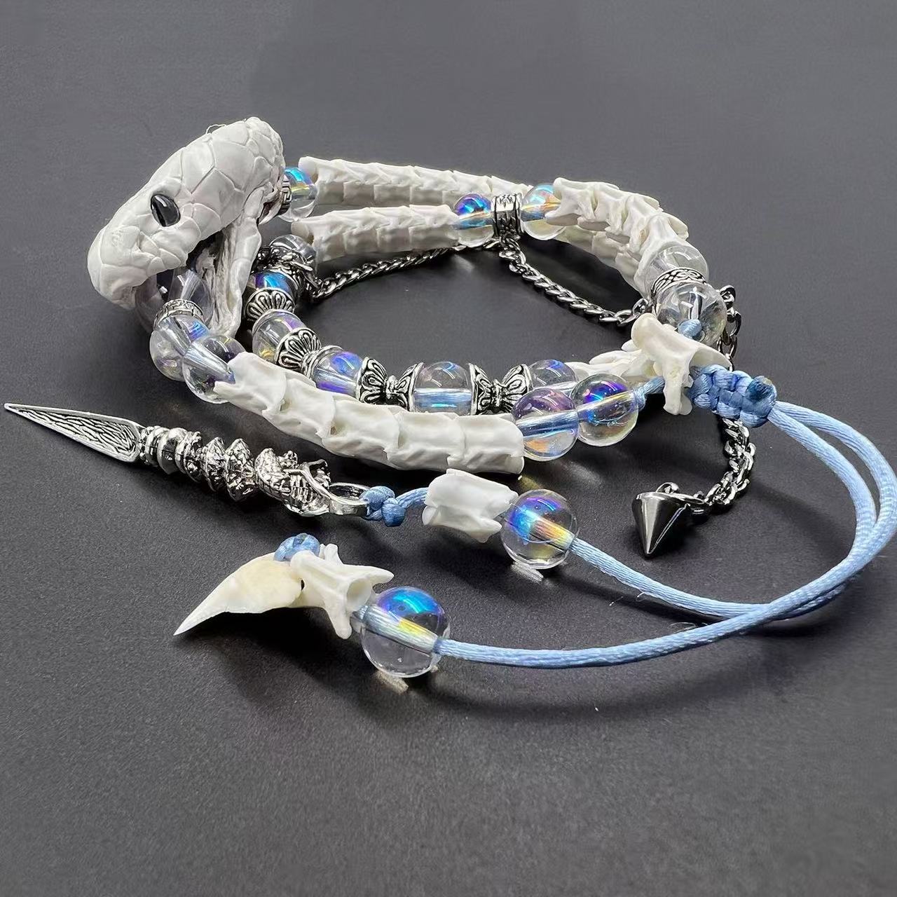 Real White Snake Bone Double-Wrap Bracelet — Aurora Crystal Beads, Silver Chain & Spear Charm | Fairy Grunge Jewelry
