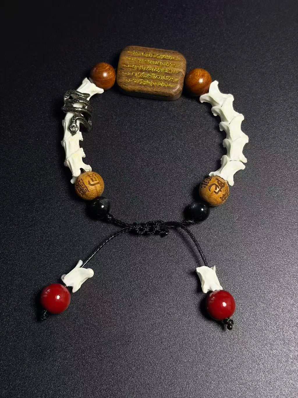Real Snake Bone Bracelet – Wu Shi Pai Peace Amulet, Agarwood Bead & Real Cinnabar Beads | Chinese Talisman Jewelry