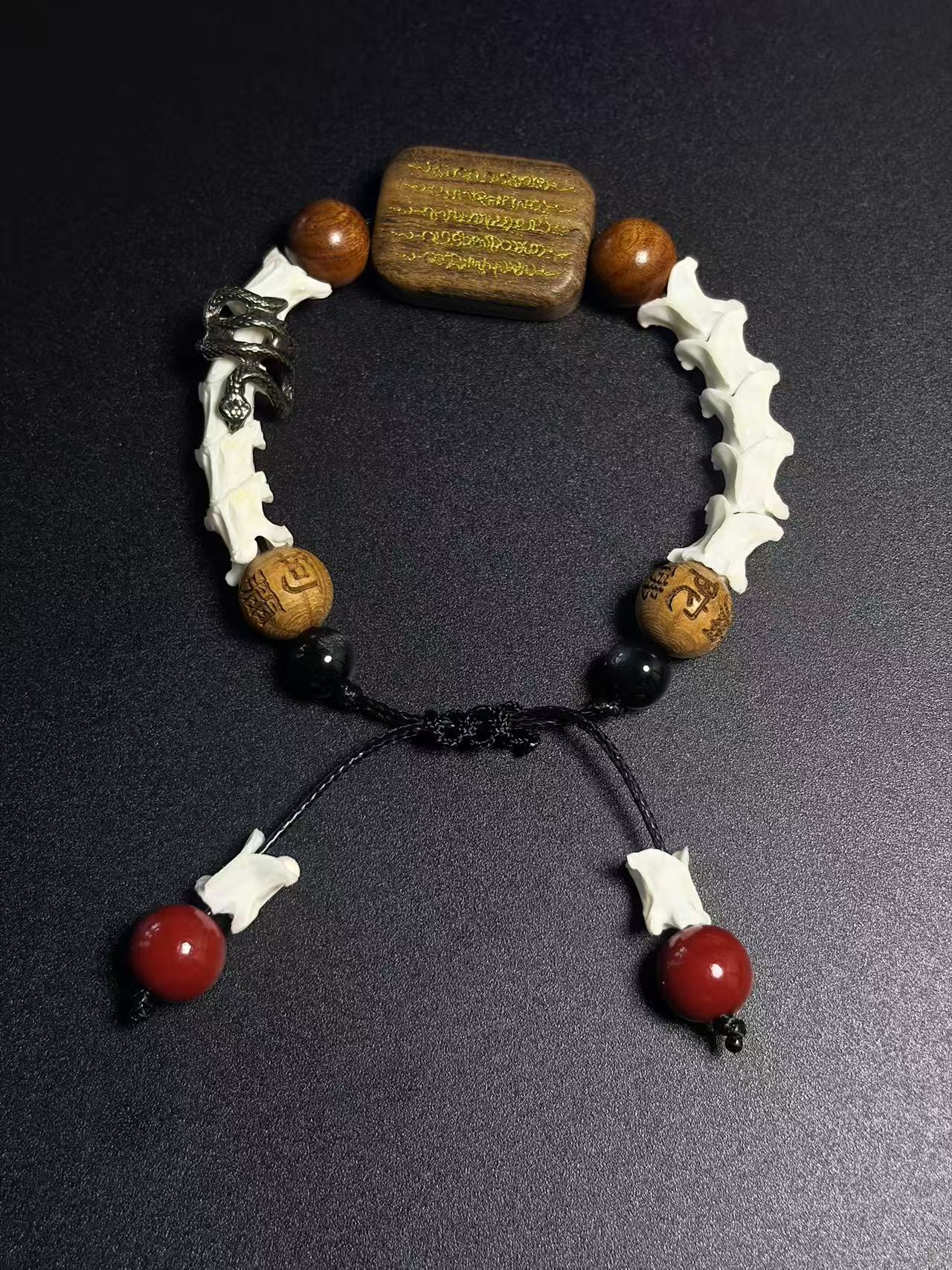 Real Snake Bone Bracelet – Wu Shi Pai Peace Amulet, Agarwood Bead & Real Cinnabar Beads | Chinese Talisman Jewelry