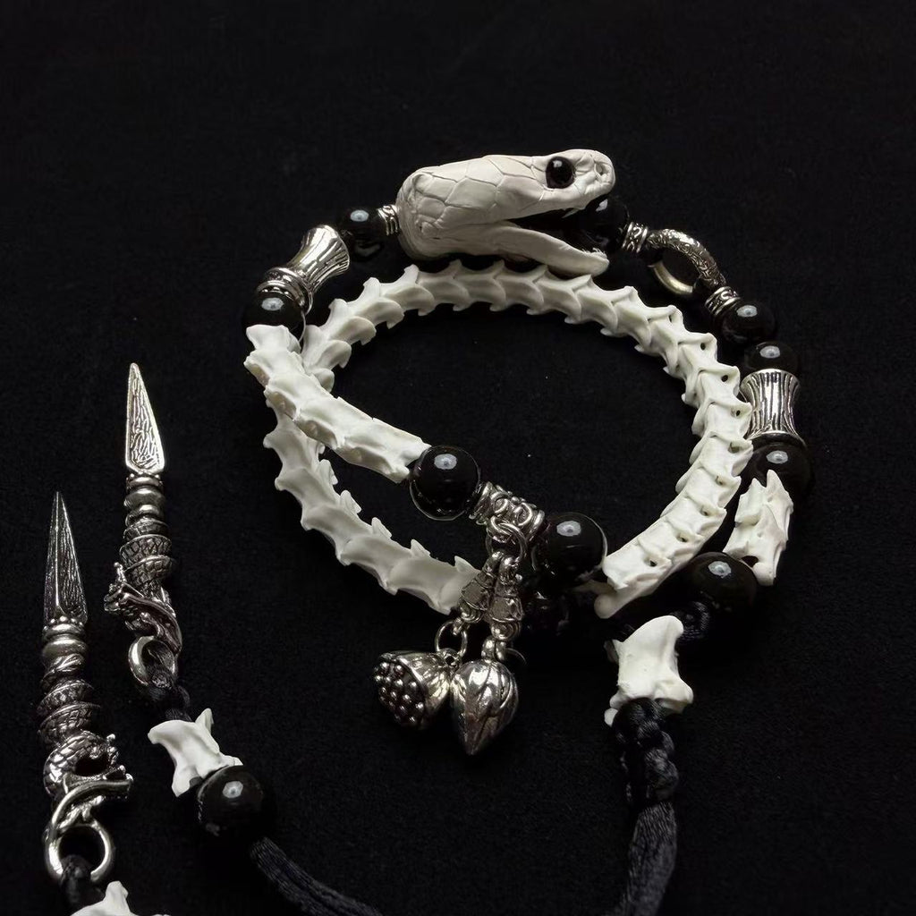 Real Snake Bone Bracelet — Snake Head Clasp & Black Obsidian | Choose Your Charm: Twin Swords or Dark Botanicals