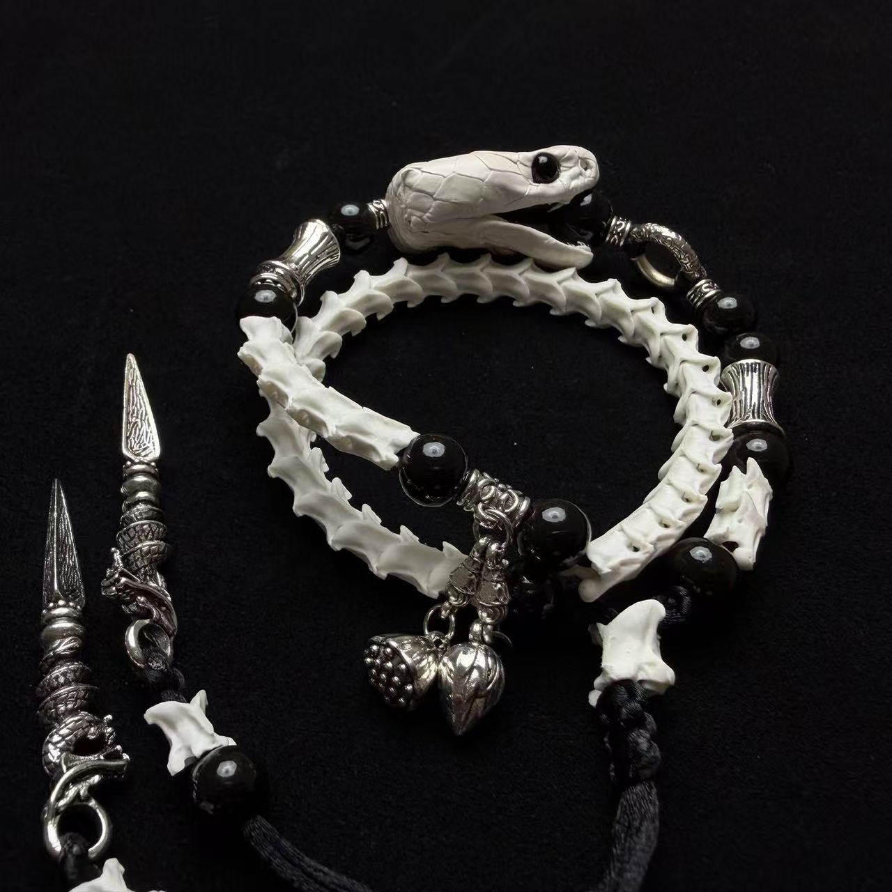 Real Snake Bone Bracelet — Snake Head Clasp & Black Obsidian | Choose Your Charm: Twin Swords or Dark Botanicals