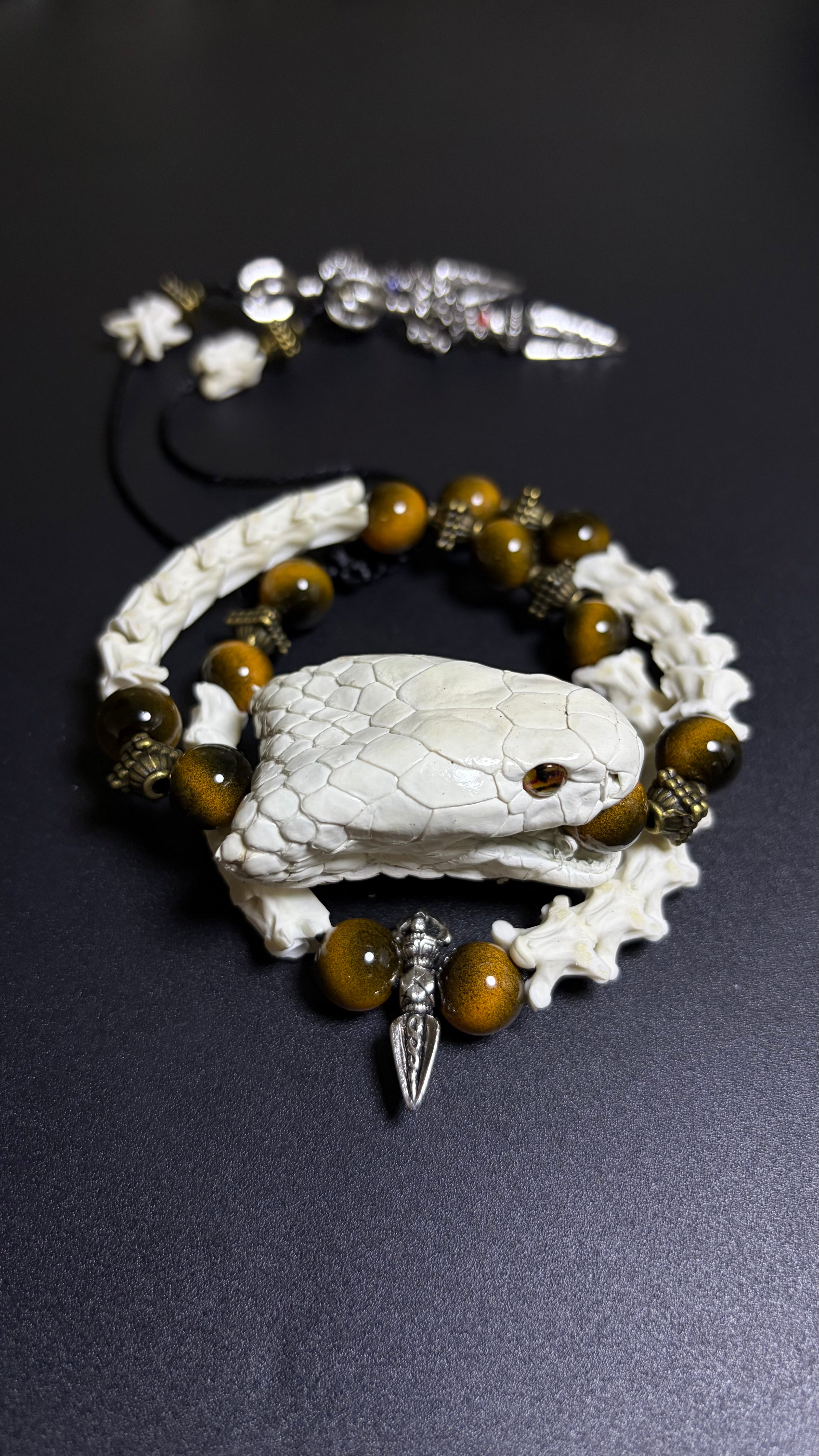 Real Snake Bone Bracelet — Tiger Eye & Tibetan Vajra Charm