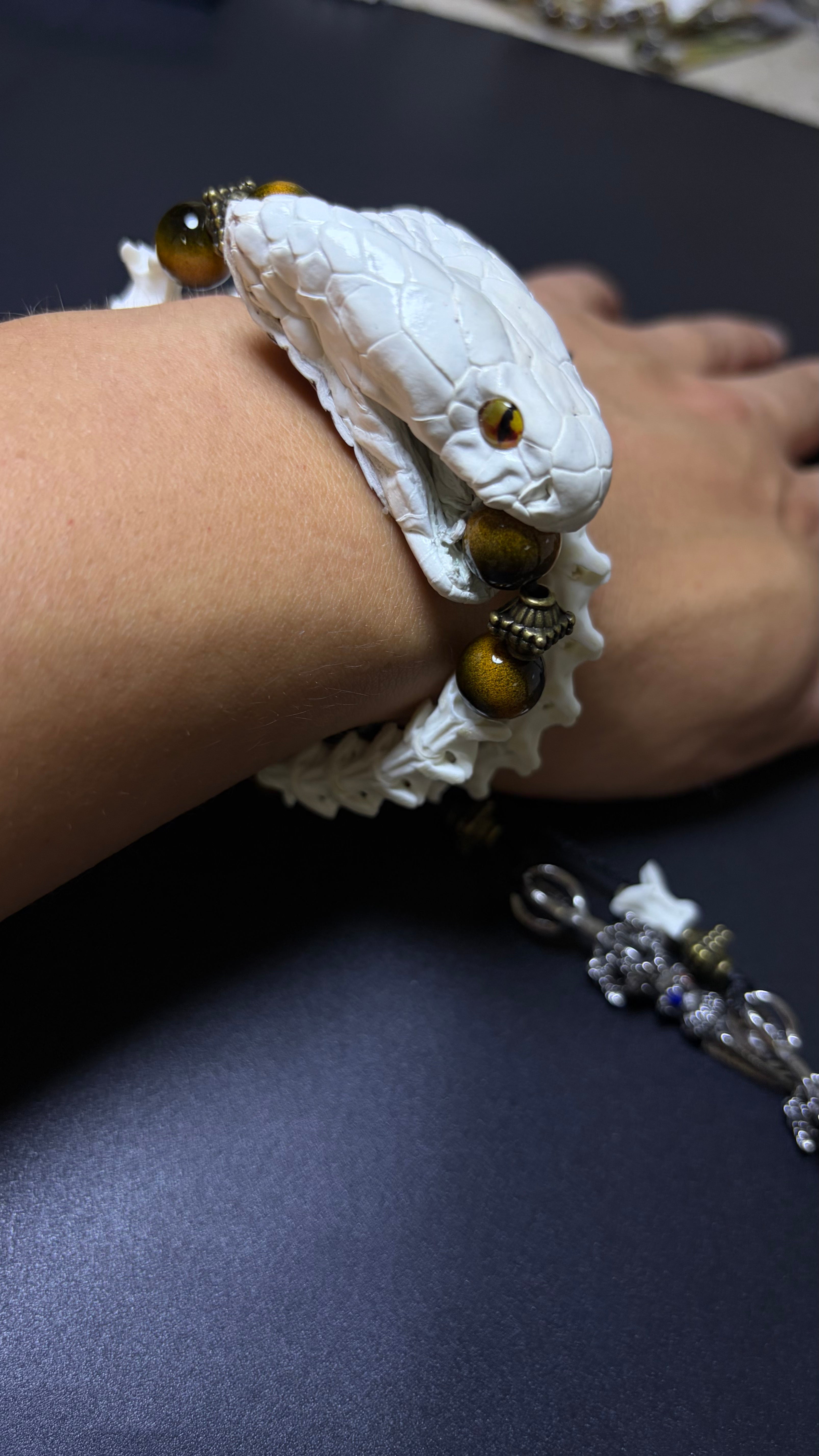 Real Snake Bone Bracelet — Tiger Eye & Tibetan Vajra Charm
