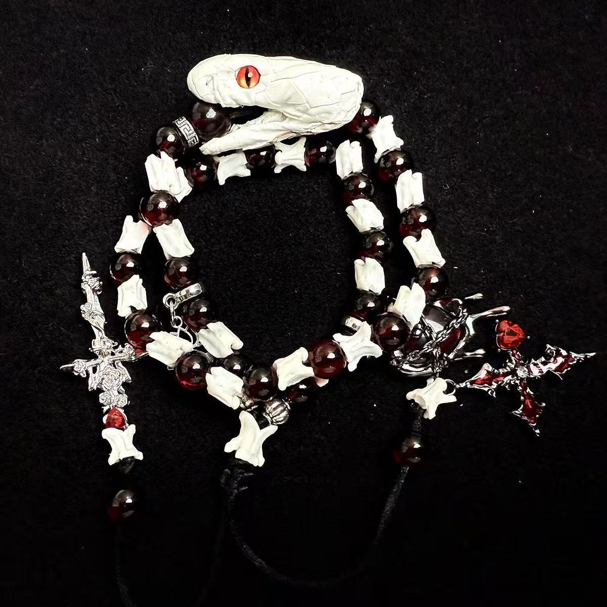 Real Snake Bone Bracelet — Red-Eye White Serpent, Natural Garnet & Gothic Angel Cross | Blood Relic Dark Luxury