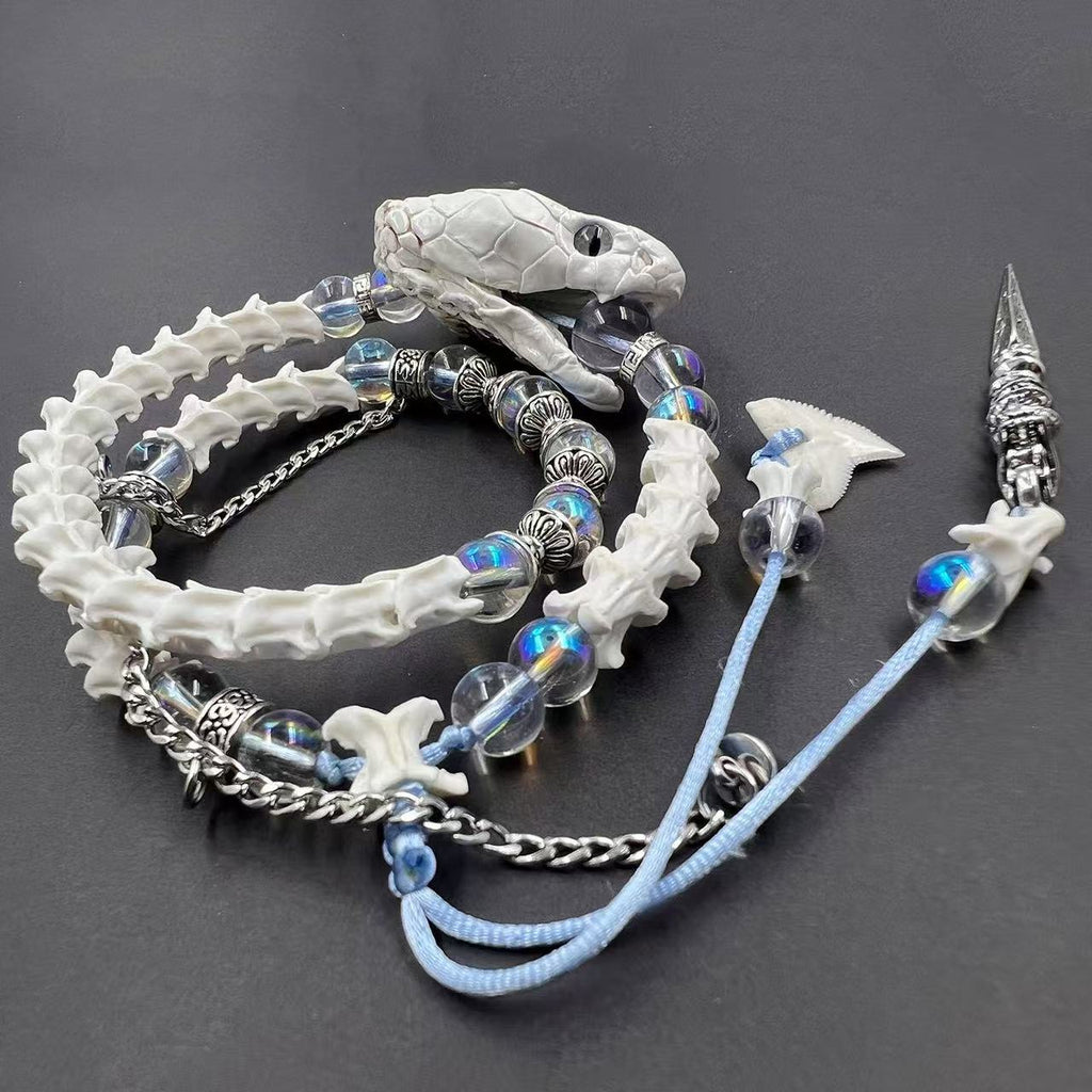 Real White Snake Bone Double-Wrap Bracelet — Aurora Crystal Beads, Silver Chain & Spear Charm | Fairy Grunge Jewelry