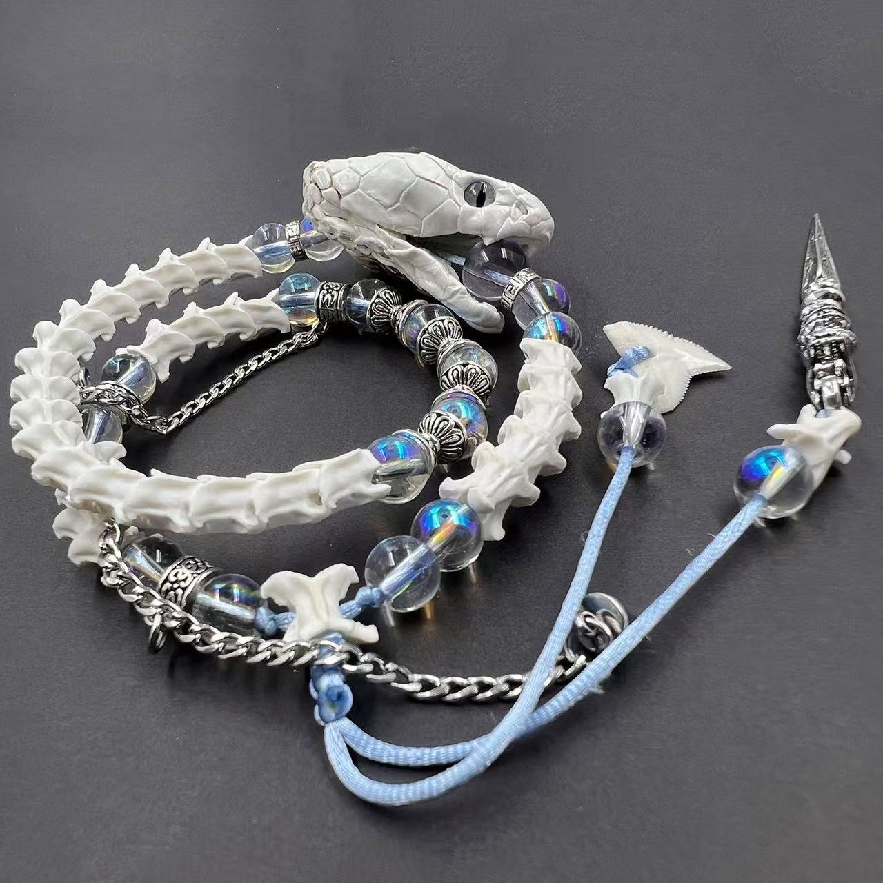 Real White Snake Bone Double-Wrap Bracelet — Aurora Crystal Beads, Silver Chain & Spear Charm | Fairy Grunge Jewelry