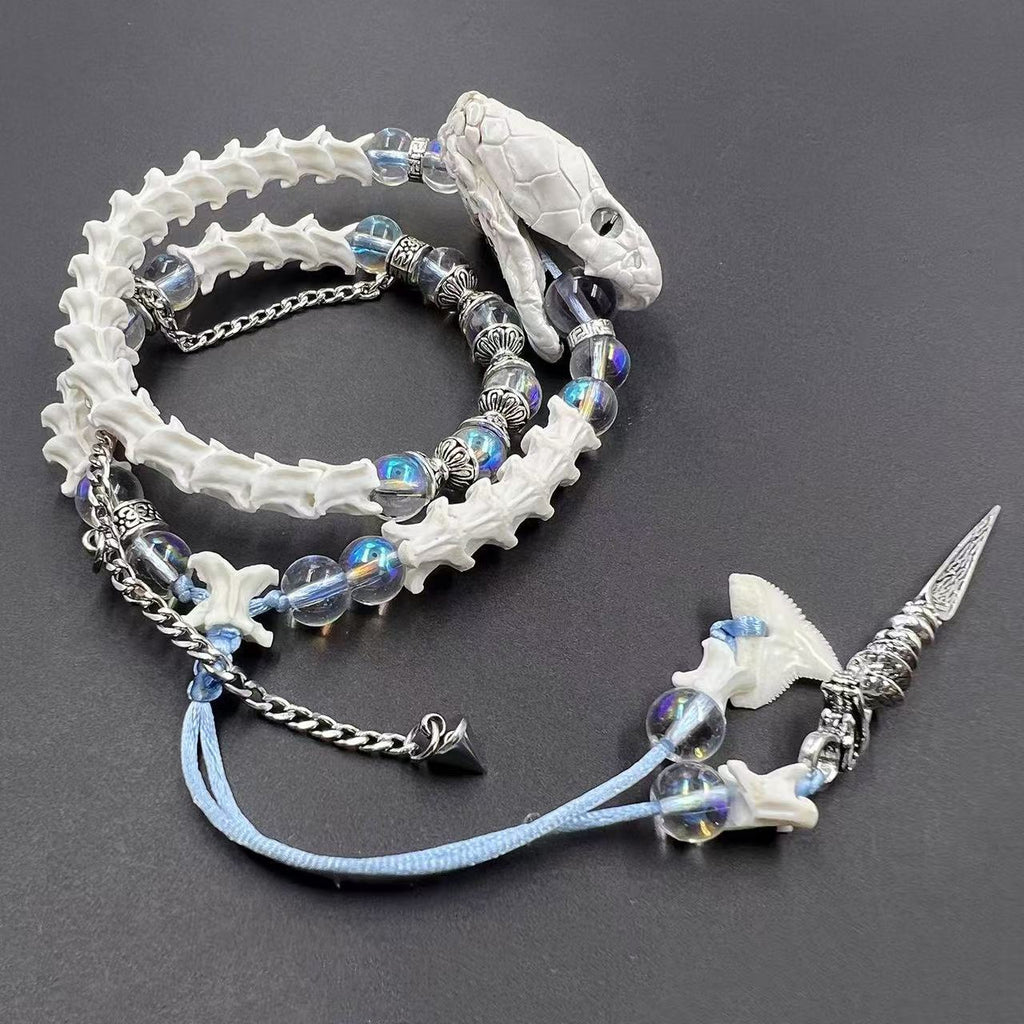 Real White Snake Bone Double-Wrap Bracelet — Aurora Crystal Beads, Silver Chain & Spear Charm | Fairy Grunge Jewelry