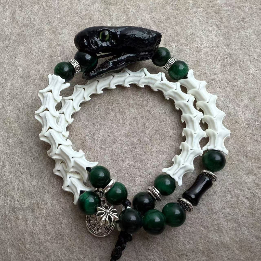 Real Snake Bone Double-Coil Bracelet — Black Serpent Head, Natural Malachite & Serpent-Sword Charm | Gothic Dark Luxury