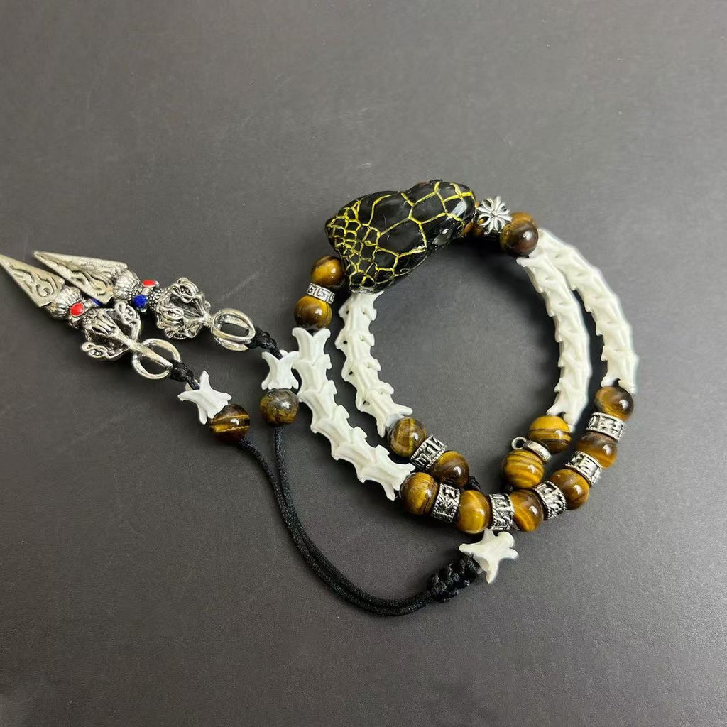 Real Snake Bone Double-Coil Bracelet — Black Serpent King, Tiger's Eye & Tibetan Kīla Charms | Dark Luxury