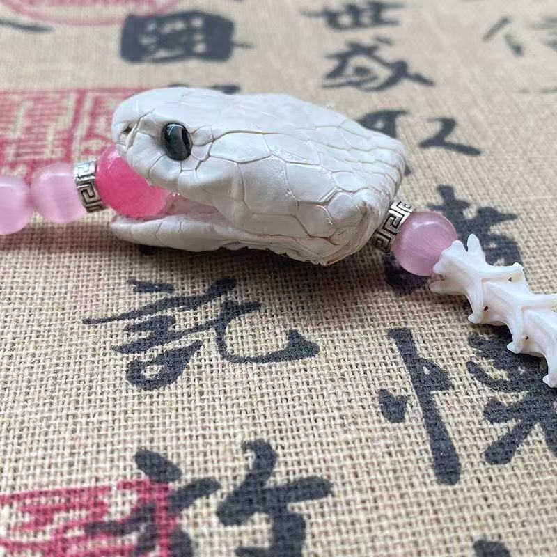 Real White Snake Bone Bracelet — Lifelike Snake Head, Natural Gemstones & Silk Tassel | Chinese Mythology Jewelry