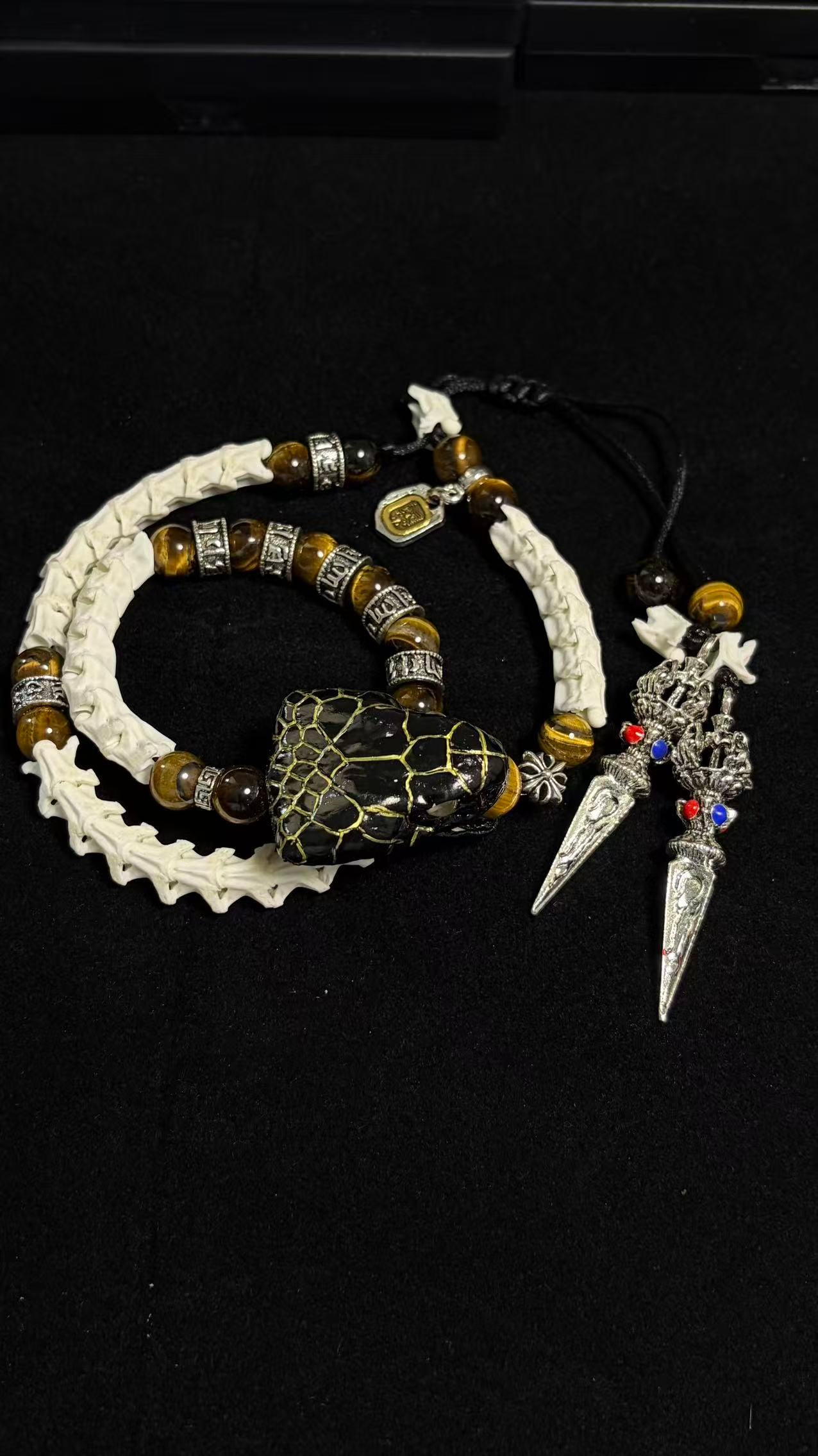 Real Snake Bone Double-Coil Bracelet — Black Serpent King, Tiger's Eye & Tibetan Kīla Charms | Dark Luxury