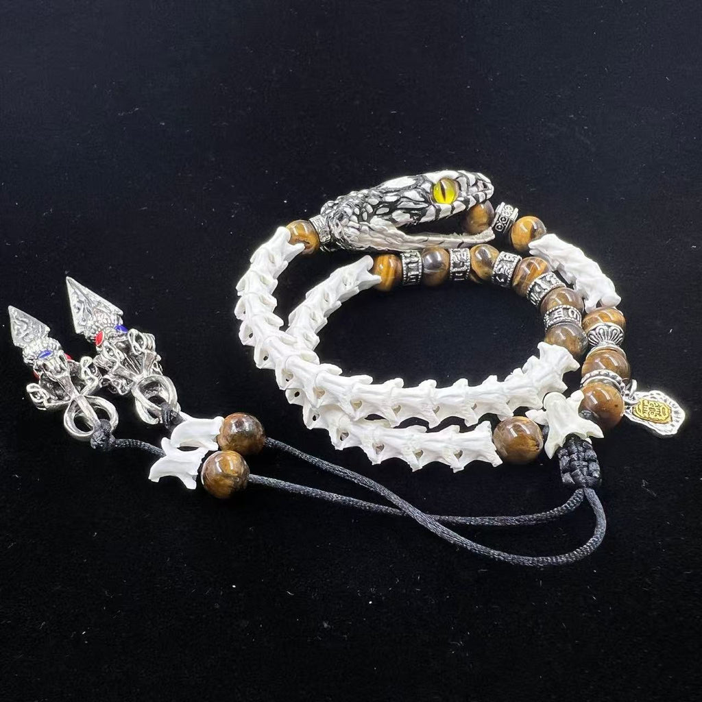 Real Snake Bone Coil Bracelet — Snake Head Clasp, Natural Gemstones & Tibetan Vajra Charm