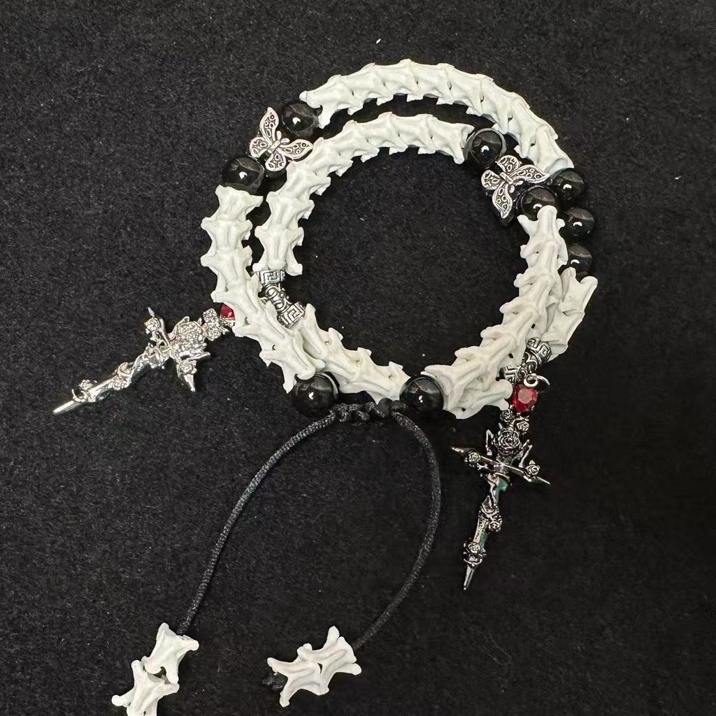 Real Snake Bone Bracelet — Black Obsidian, Butterfly Spacers & Rose Sword Charm | Dark Romance Gothic Jewelry