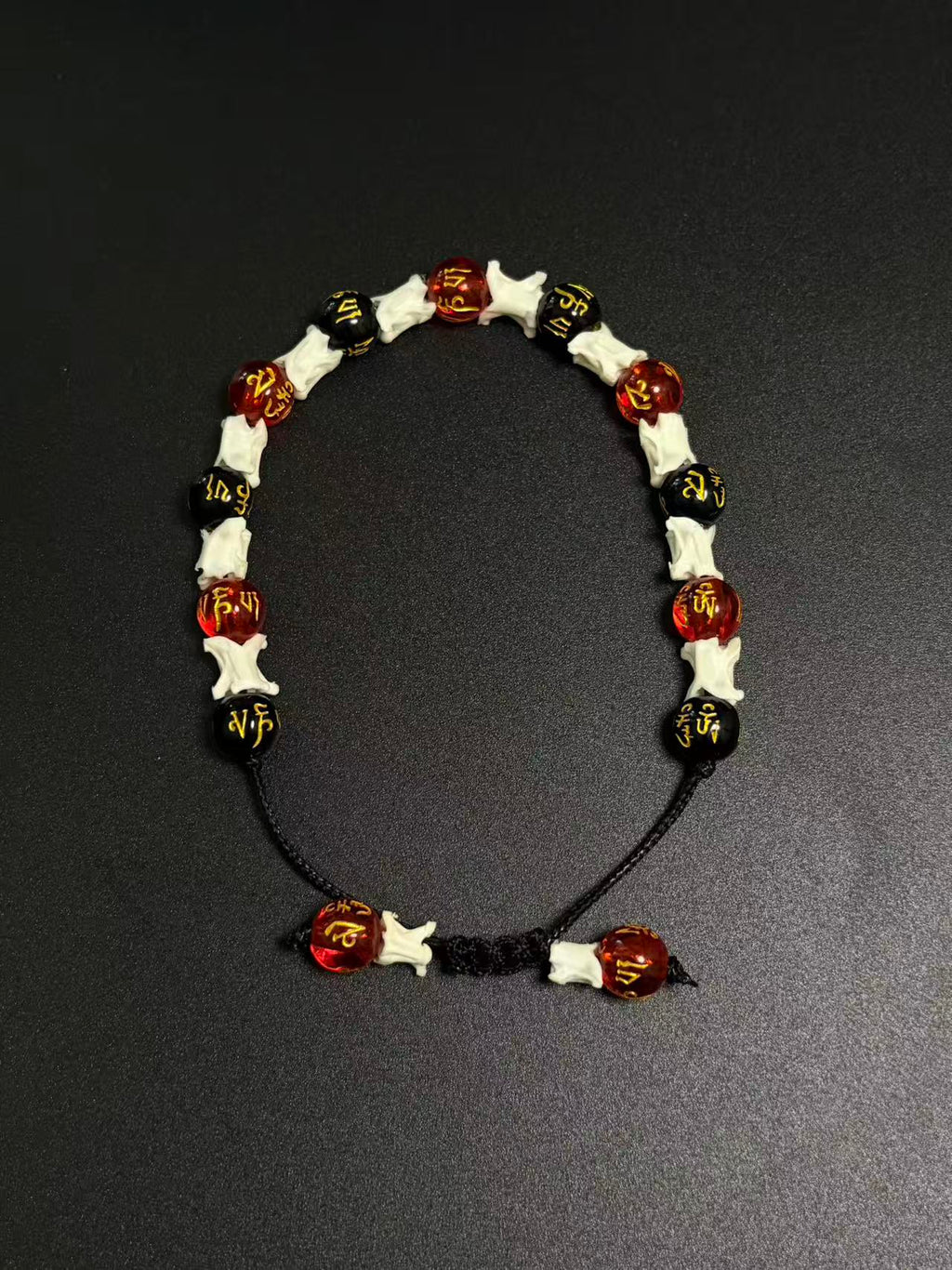 Real Snake Bone Bracelet – Om Mani Padme Hum Gold Mantra Beads, Red Crystal & Black Onyx | Tibetan Six-Word Prayer
