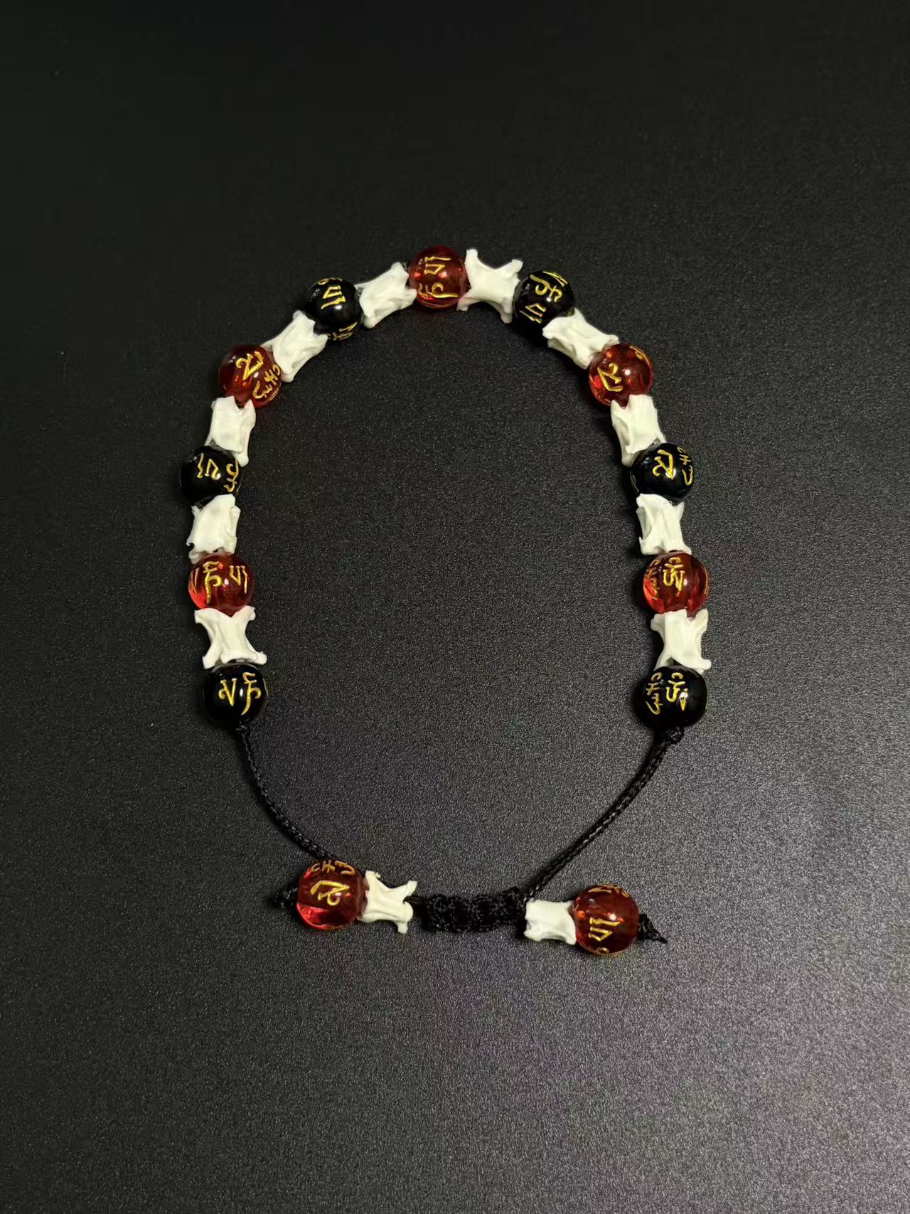 Real Snake Bone Bracelet – Om Mani Padme Hum Gold Mantra Beads, Red Crystal & Black Onyx | Tibetan Six-Word Prayer