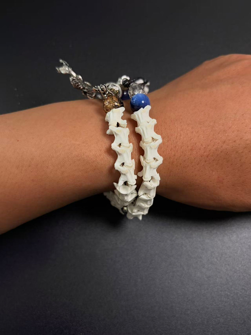 Real Snake Bone Bracelet – Full Skeleton Holding Sanskrit Prayer Cylinder, Blue Cat's Eye & Smoky Quartz | Dark Gothic Masterpiece