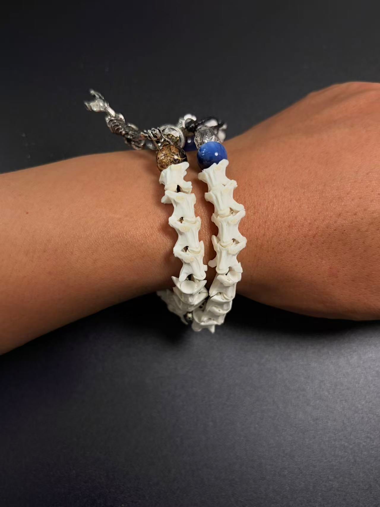 Real Snake Bone Bracelet – Full Skeleton Holding Sanskrit Prayer Cylinder, Blue Cat's Eye & Smoky Quartz | Dark Gothic Masterpiece