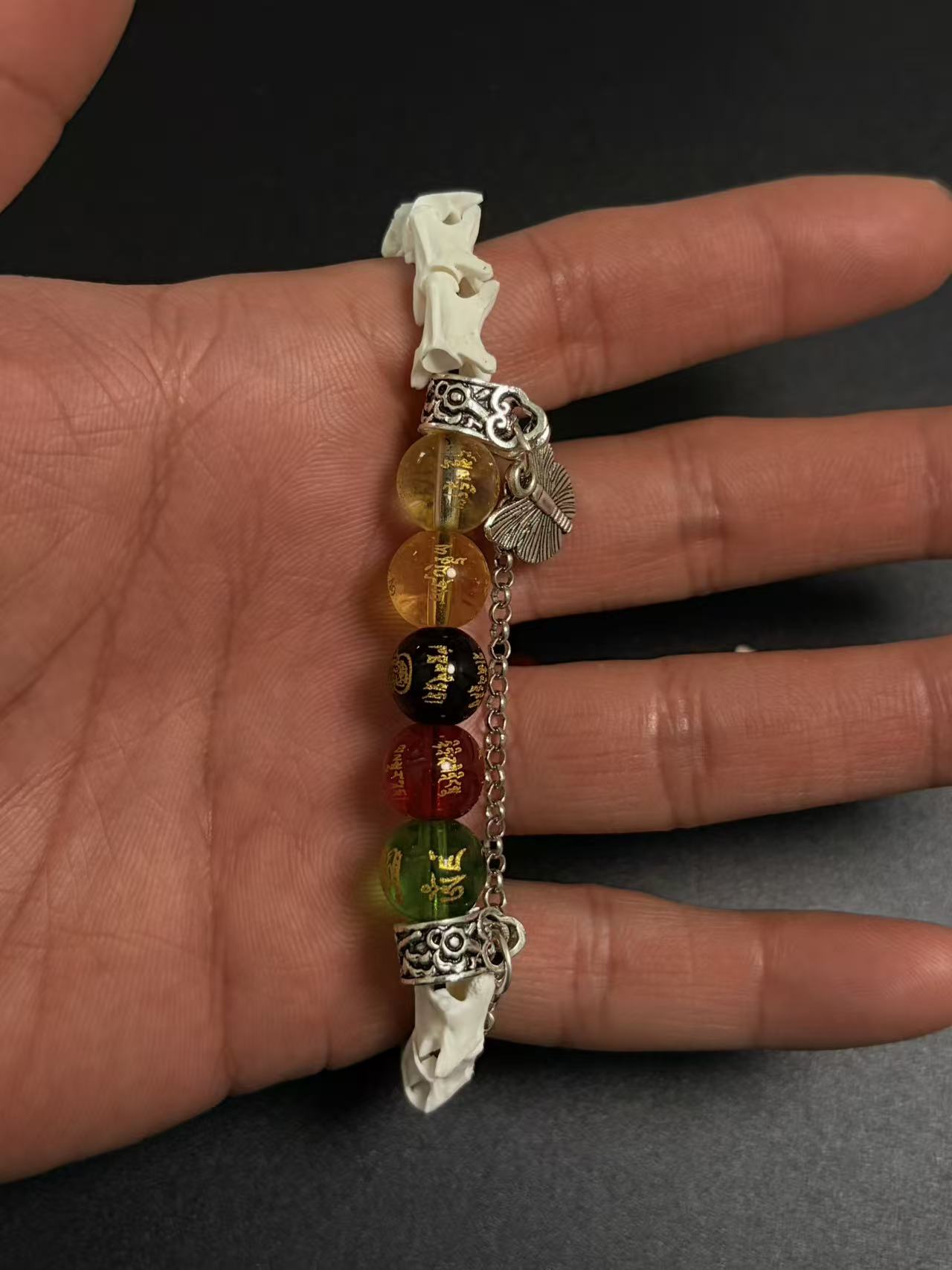 Real Snake Bone Bracelet – Five Wealth Gods Engraved Crystal Beads, Pearl & Silver Butterfly Charm | Tibetan Fortune Jewelry