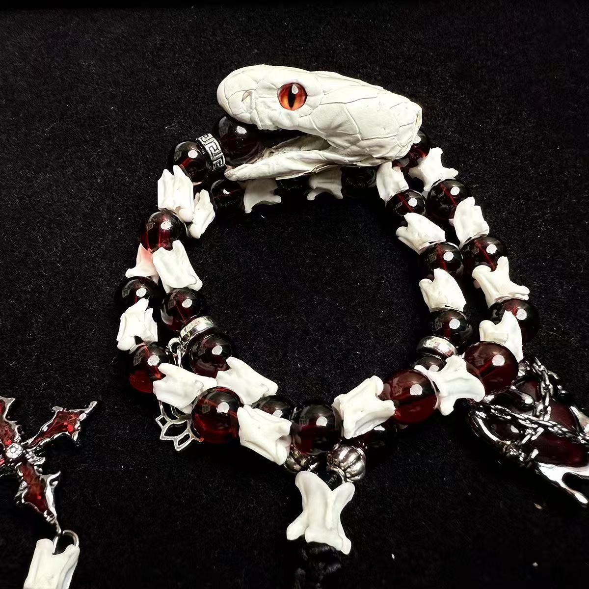 Real Snake Bone Bracelet — Red-Eye White Serpent, Natural Garnet & Gothic Angel Cross | Blood Relic Dark Luxury