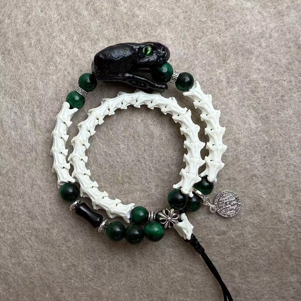 Real Snake Bone Double-Coil Bracelet — Black Serpent Head, Natural Malachite & Serpent-Sword Charm | Gothic Dark Luxury