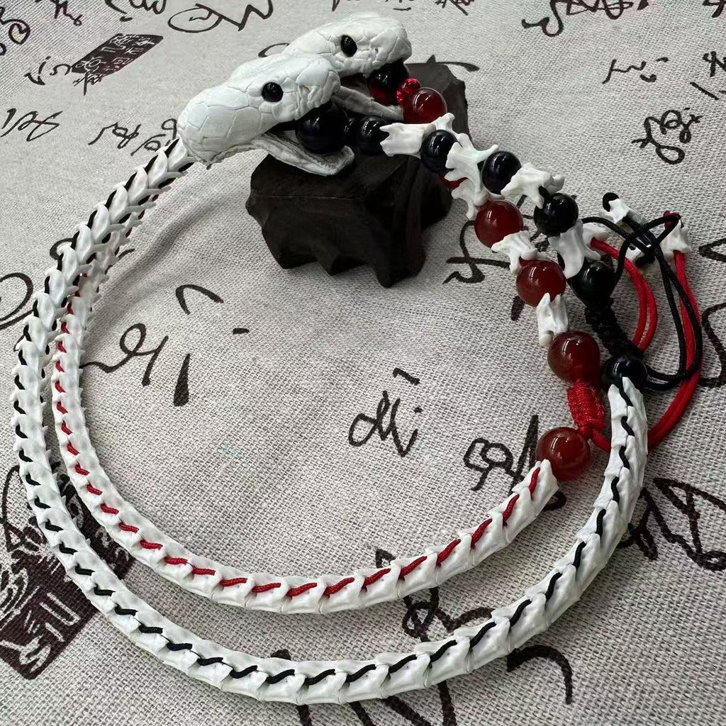 Real Snake Bone Woven Bracelet — Natural Gemstone Beads | Gothic Occult Jewelry