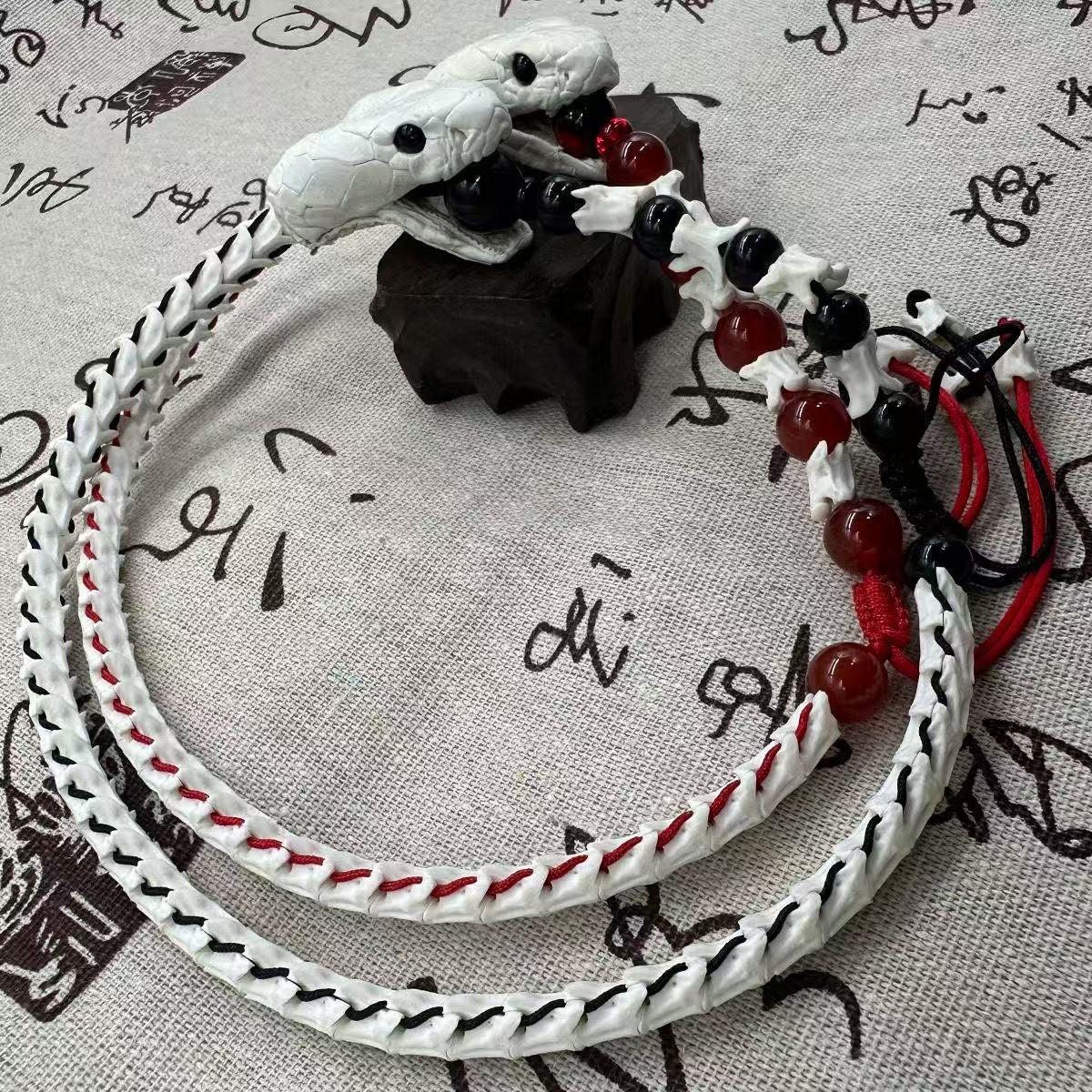 Real Snake Bone Woven Bracelet — Natural Gemstone Beads | Gothic Occult Jewelry