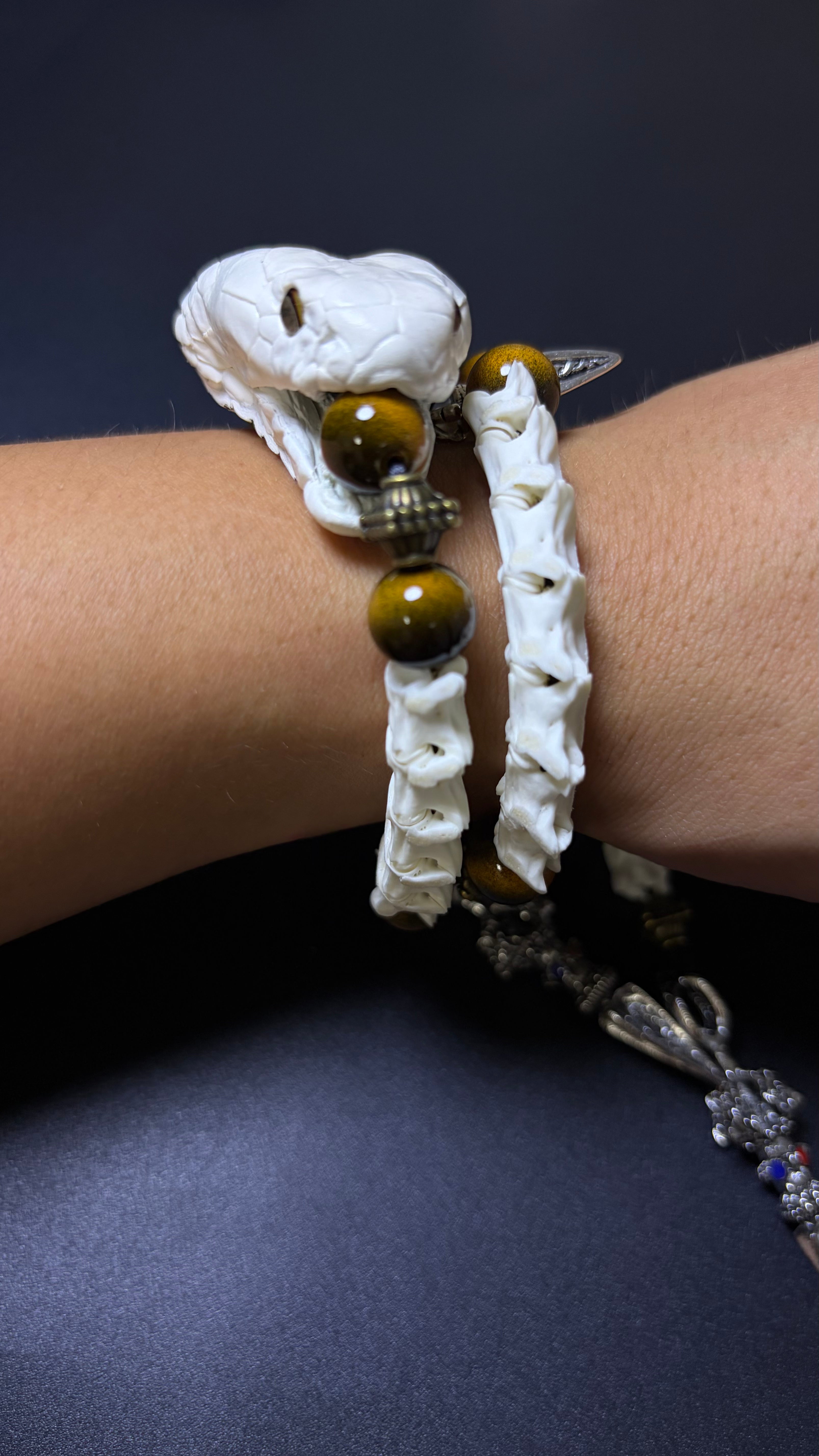 Real Snake Bone Bracelet — Tiger Eye & Tibetan Vajra Charm