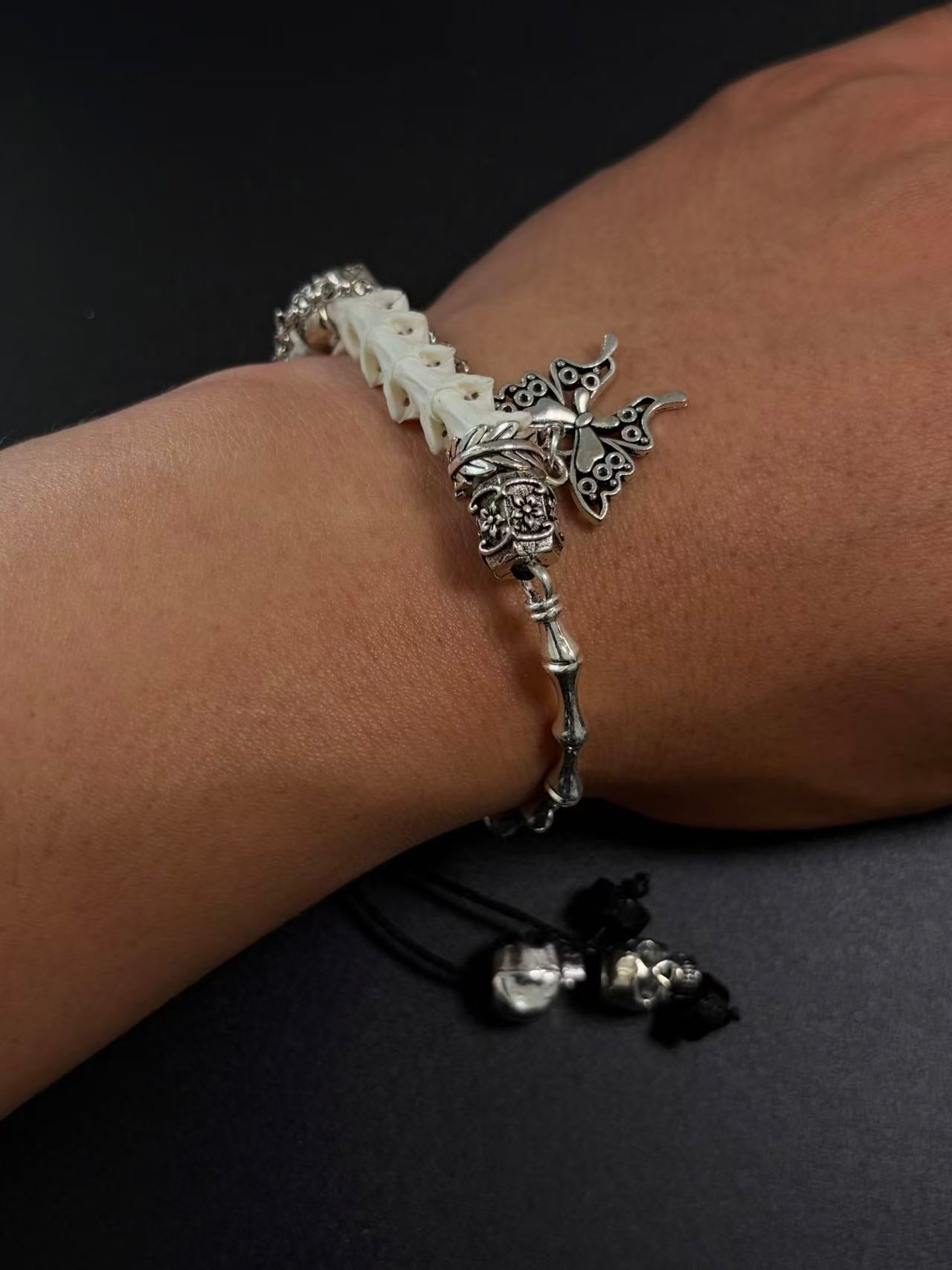 Real Snake Bone Bracelet – Crystal Skull, Silver Butterfly Charm & Bamboo Bone Dual Chain | Gothic Dark Luxury