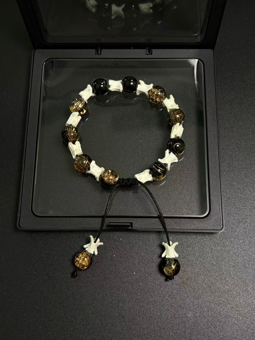 Real Snake Bone Bracelet – Black Onyx & Gold Lightning Lampwork Glass Beads, Vertebrae Spacers | Dark Luxury