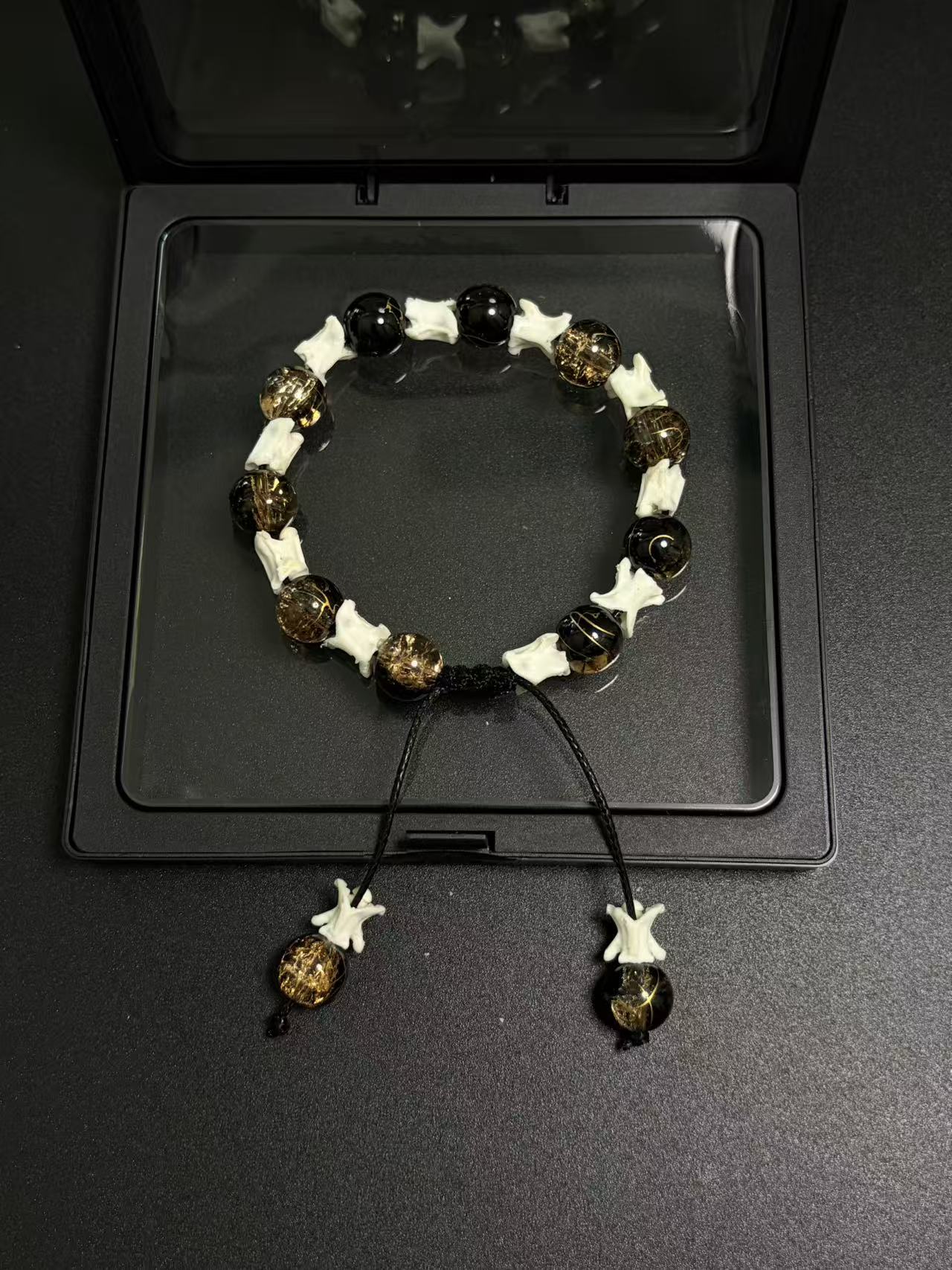 Real Snake Bone Bracelet – Black Onyx & Gold Lightning Lampwork Glass Beads, Vertebrae Spacers | Dark Luxury