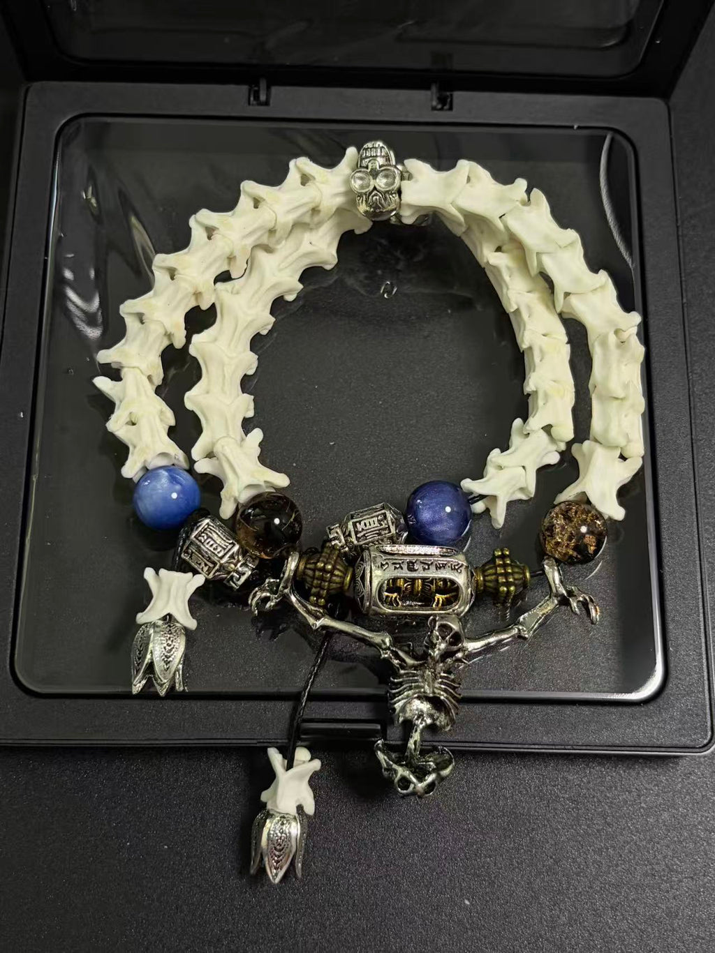 Real Snake Bone Bracelet – Full Skeleton Holding Sanskrit Prayer Cylinder, Blue Cat's Eye & Smoky Quartz | Dark Gothic Masterpiece
