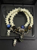Real Snake Bone Bracelet – Full Skeleton Holding Sanskrit Prayer Cylinder, Blue Cat's Eye & Smoky Quartz | Dark Gothic Masterpiece