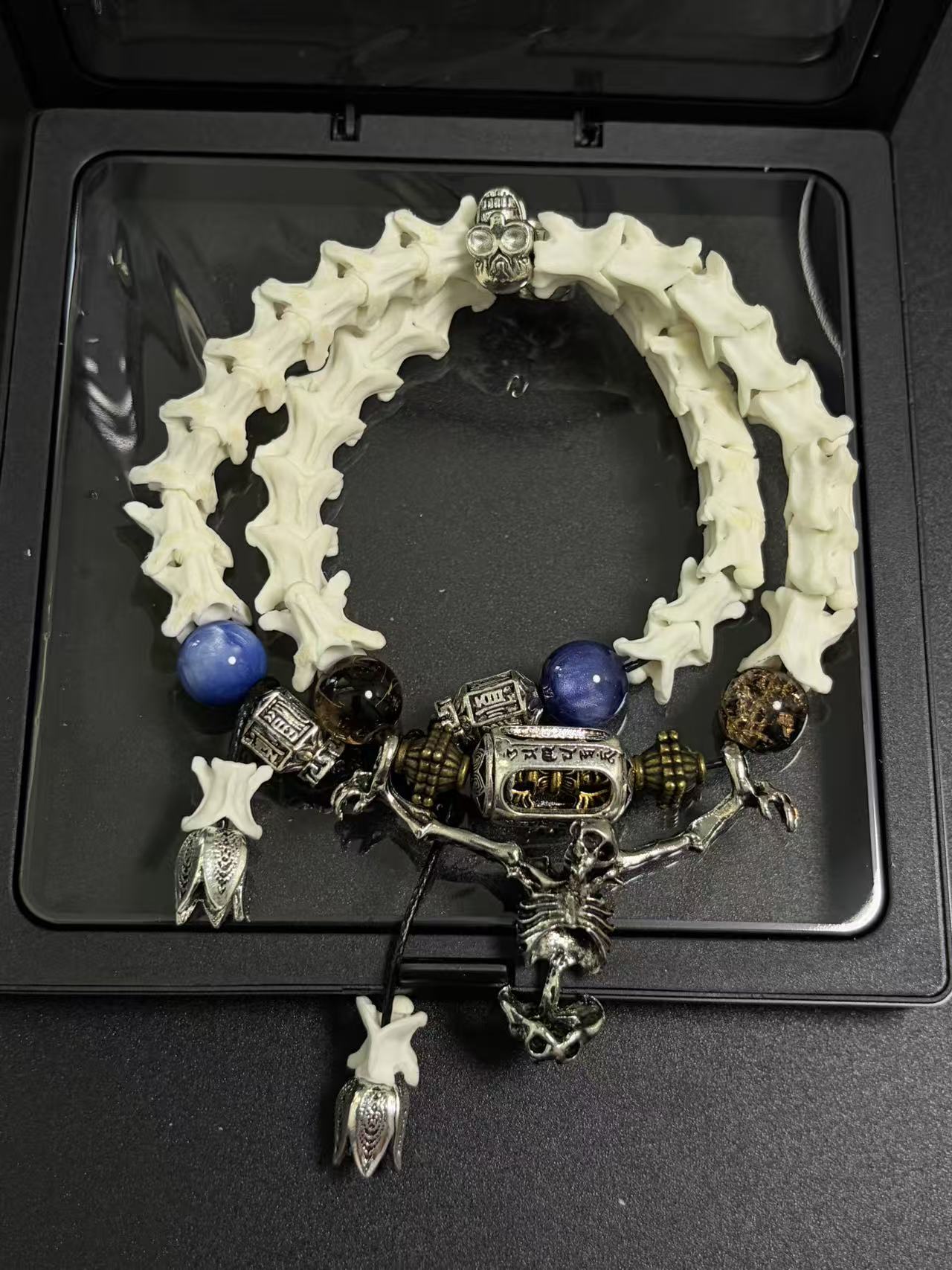 Real Snake Bone Bracelet – Full Skeleton Holding Sanskrit Prayer Cylinder, Blue Cat's Eye & Smoky Quartz | Dark Gothic Masterpiece