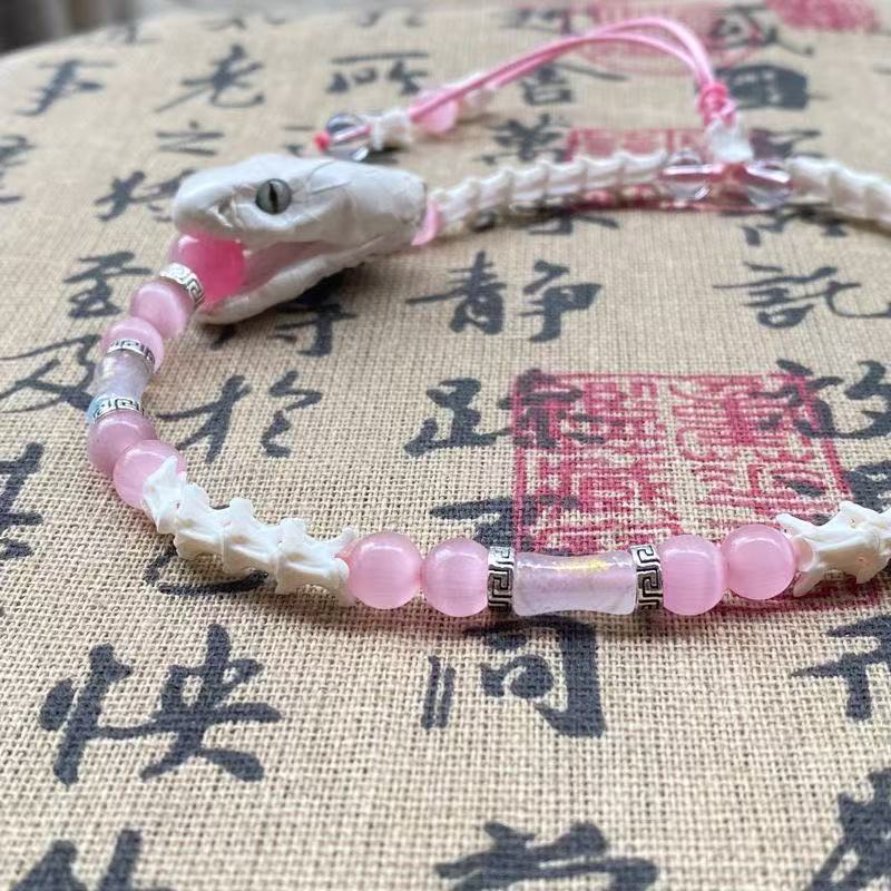 Real White Snake Bone Bracelet — Lifelike Snake Head, Natural Gemstones & Silk Tassel | Chinese Mythology Jewelry
