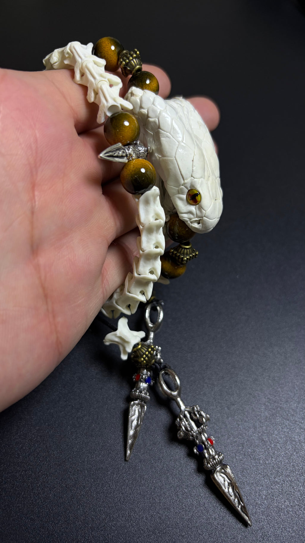 Real Snake Bone Bracelet — Tiger Eye & Tibetan Vajra Charm