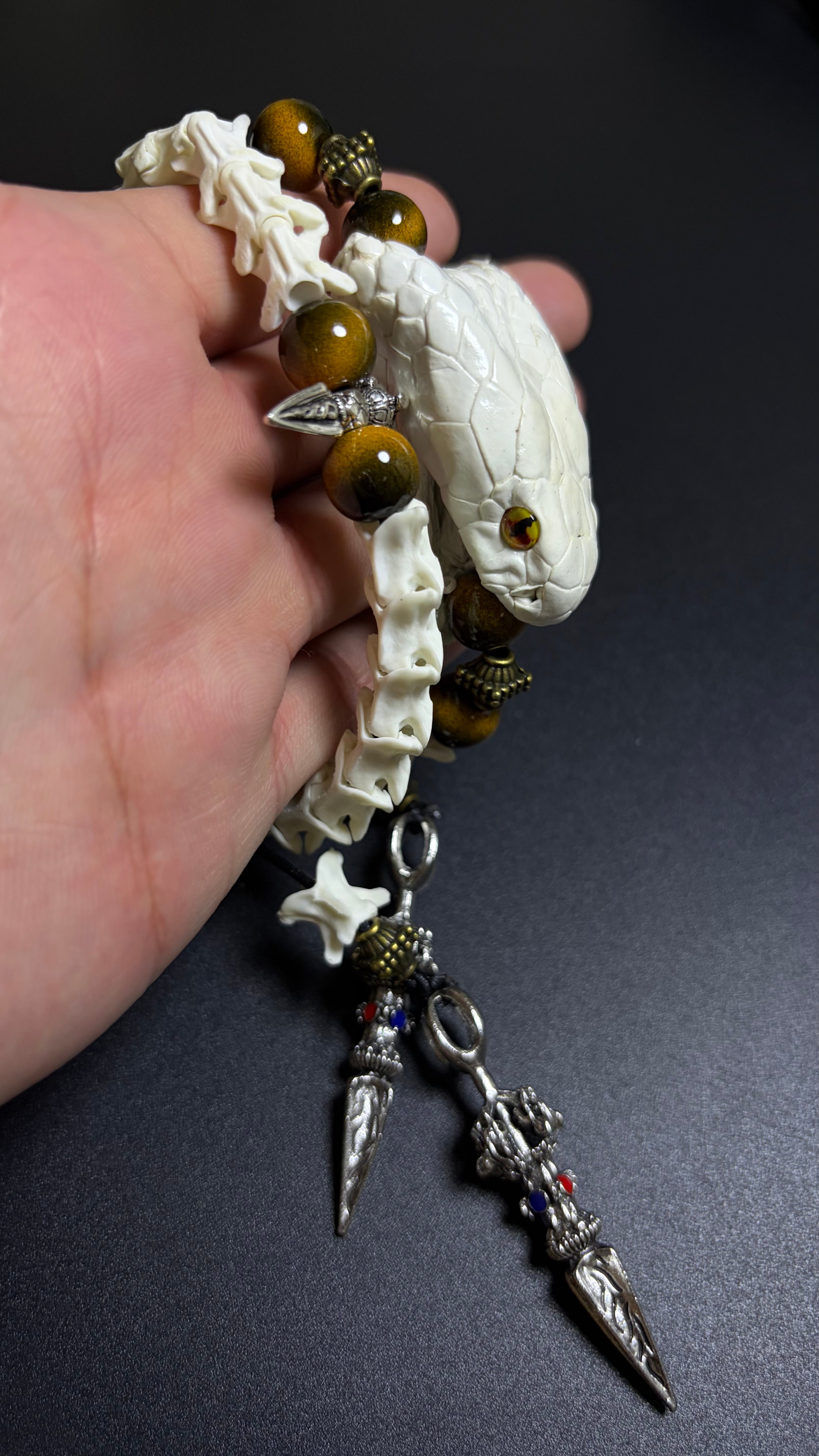 Real Snake Bone Bracelet — Tiger Eye & Tibetan Vajra Charm
