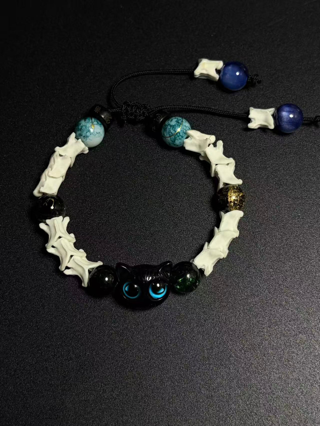 Real Snake Bone Bracelet – Black Owl Glass Charm, Turquoise Agate & Blue Cat's Eye | Dark Fantasy Style