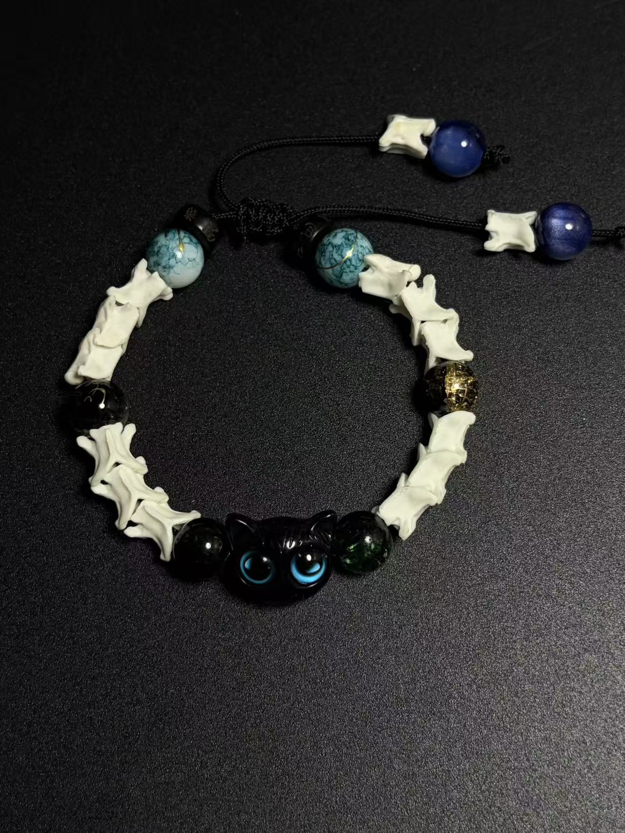 Real Snake Bone Bracelet – Black Owl Glass Charm, Turquoise Agate & Blue Cat's Eye | Dark Fantasy Style