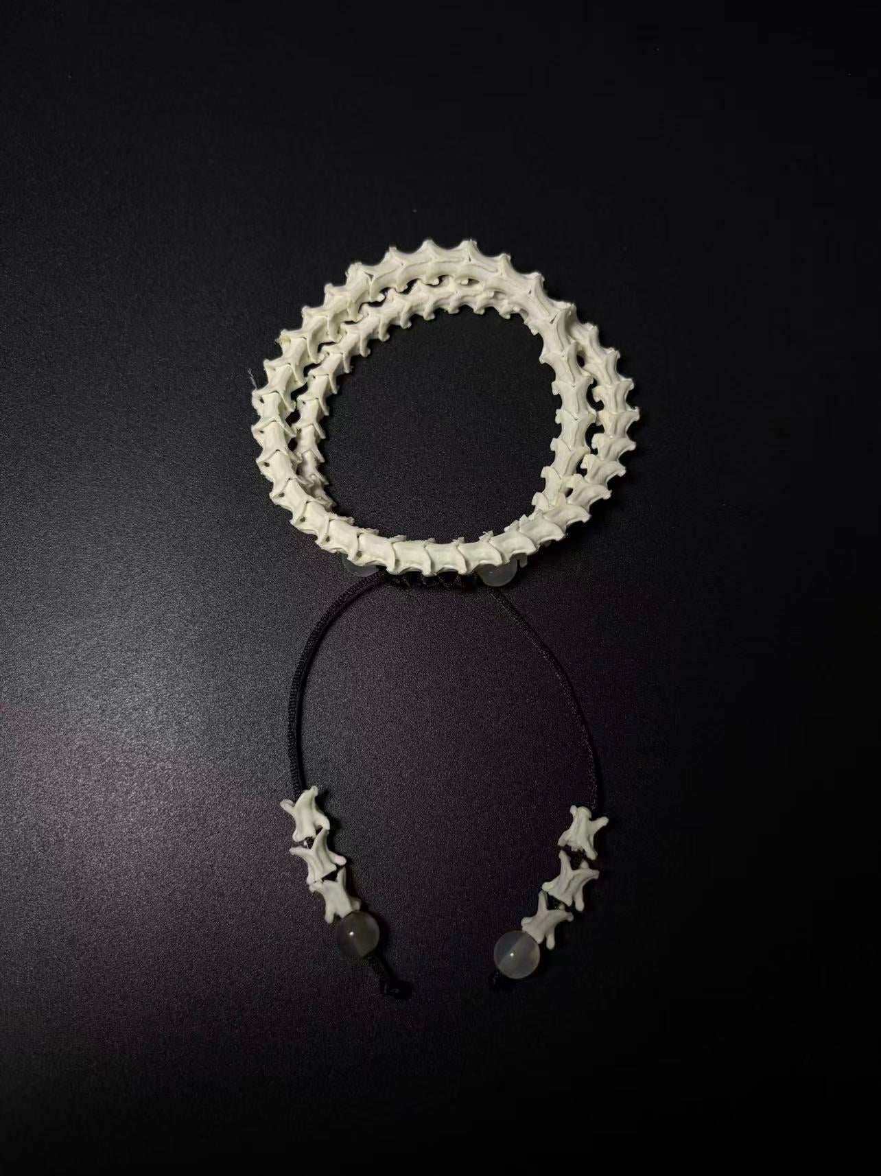 Real Snake Bone Wrap Bracelet – Pure Vertebrae Chain, Double Wrap Adjustable | Raw Dark Style