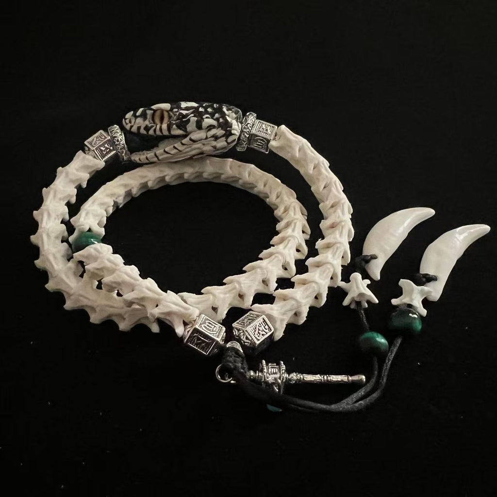 Real Snake Bone Double-Coil Bracelet — Patterned Serpent Head, Malachite & Bone Fang Charms | Shaman Totem