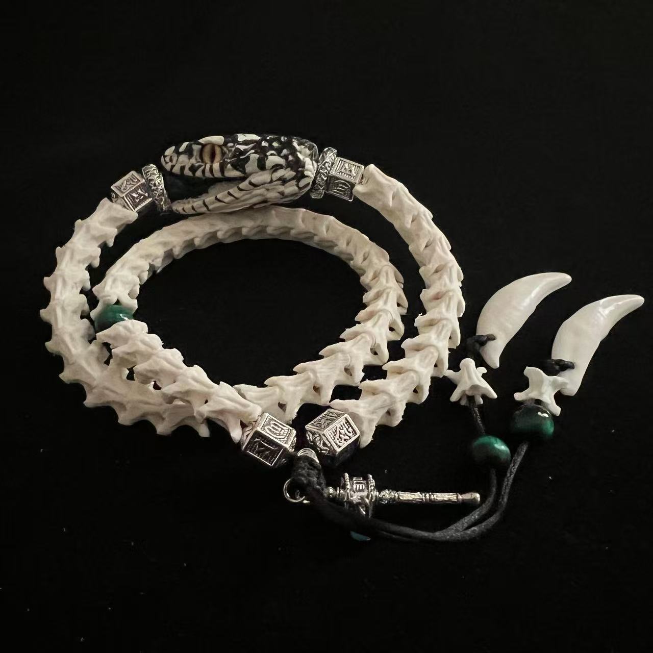 Real Snake Bone Double-Coil Bracelet — Patterned Serpent Head, Malachite & Bone Fang Charms | Shaman Totem