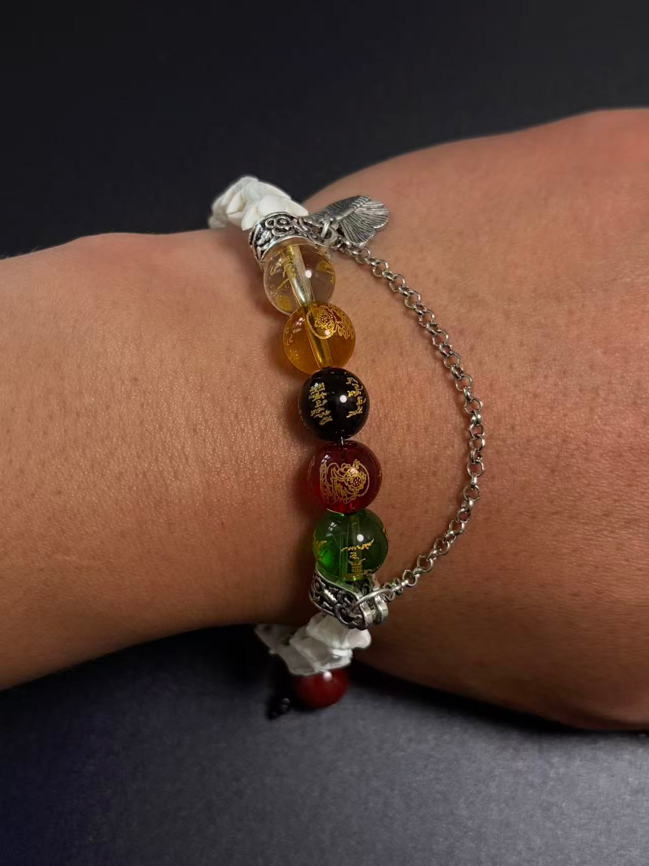 Real Snake Bone Bracelet – Five Wealth Gods Engraved Crystal Beads, Pearl & Silver Butterfly Charm | Tibetan Fortune Jewelry