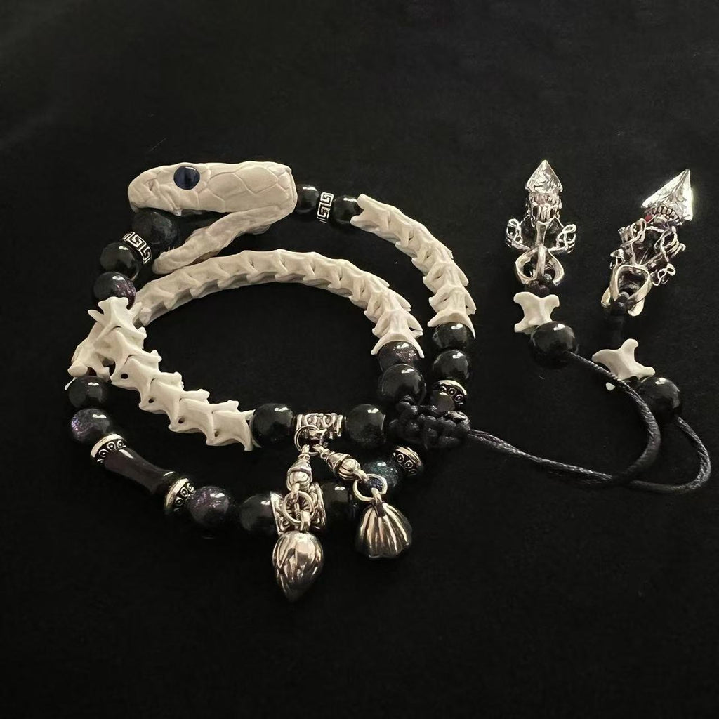 Real Snake Bone Double-Coil Bracelet — Blue-Eye White Serpent, Black Obsidian & Twin Tibetan Kila Charms | Dark Celestial