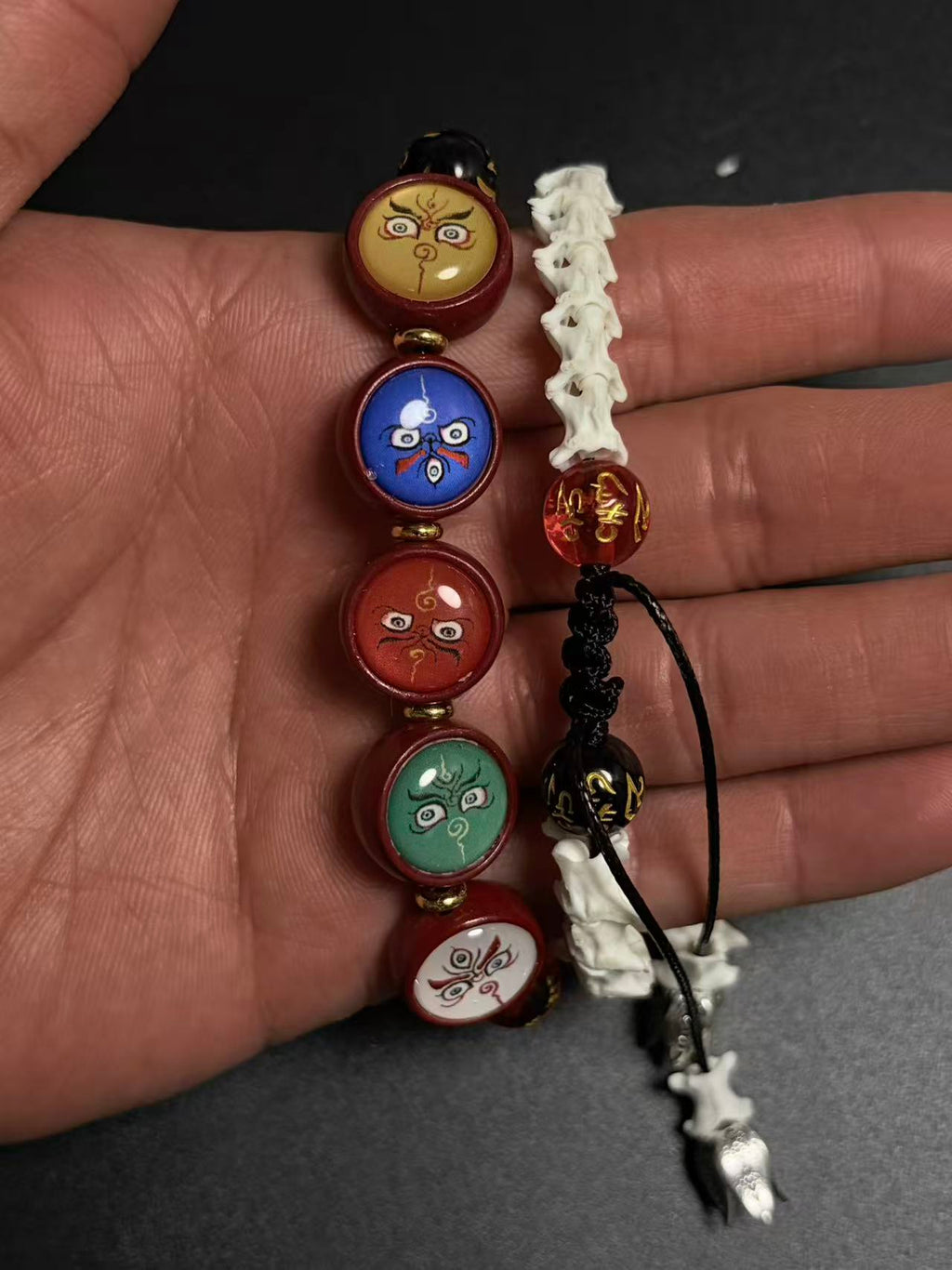 Real Snake Bone Bracelet – Five Wealth Gods Thangka Hand-Painted Disc Beads, Five Colors & Silver Butterfly Charm | Tibetan Fortune Jewelry