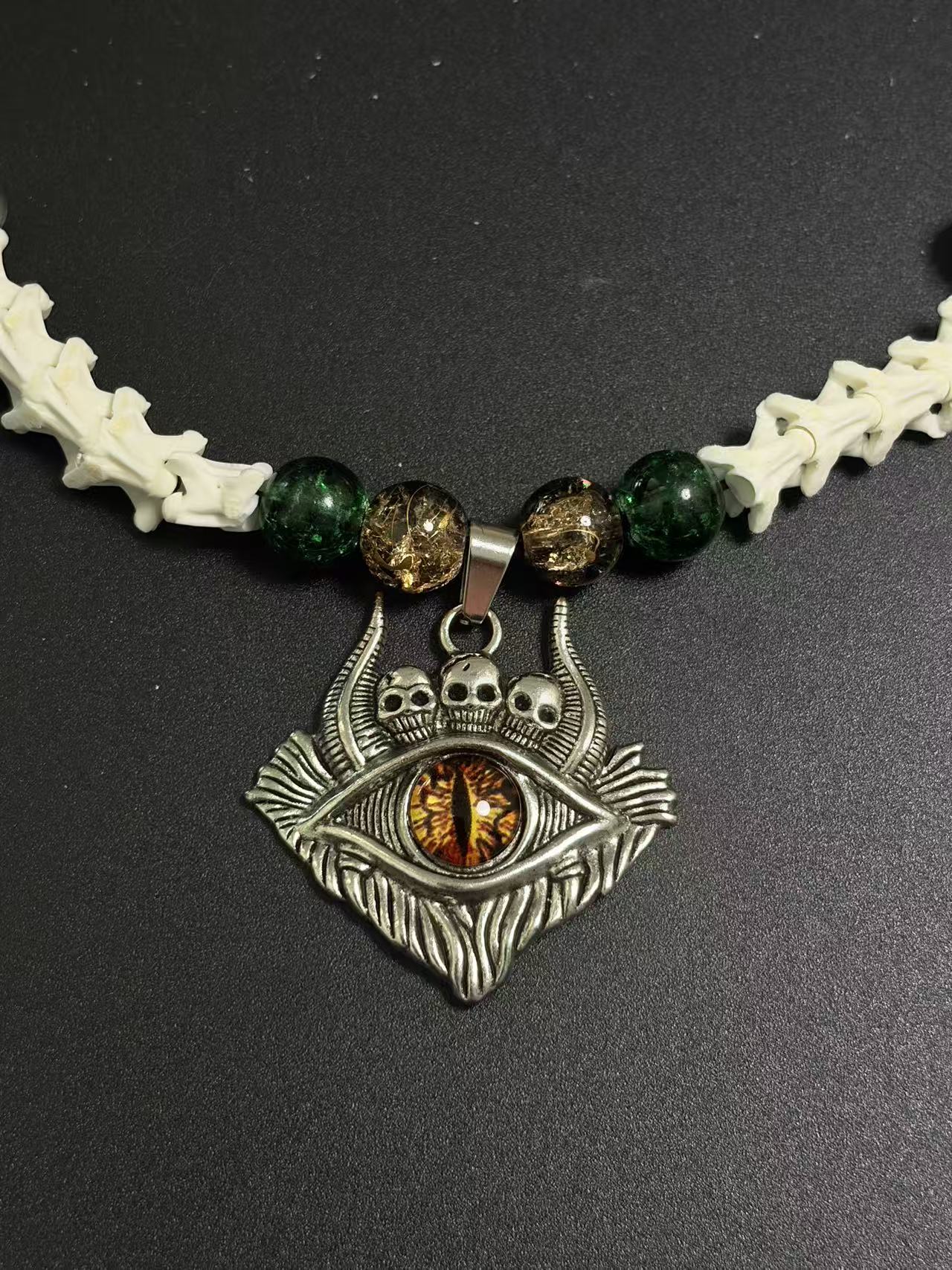 Real Snake Bone Bracelet – Dragon Eye Glass Pendant, Triple Skull Crown, Moss Agate & Gold Glass Beads | Dark Fantasy Gothic