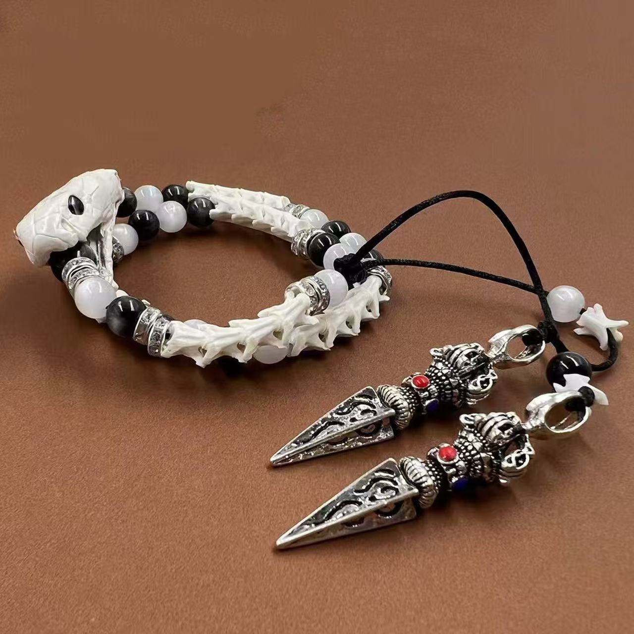 Real White Snake Bone Bracelet — Black & White Gemstones, Diamond Spacers & Tibetan Vajra Spear Charms | Dark Luxury