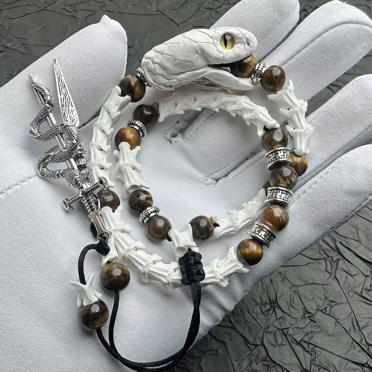 Real Snake Bone Bracelet — Tiger's Eye Beads & Sword Charm | Gothic Tibetan Jewelry