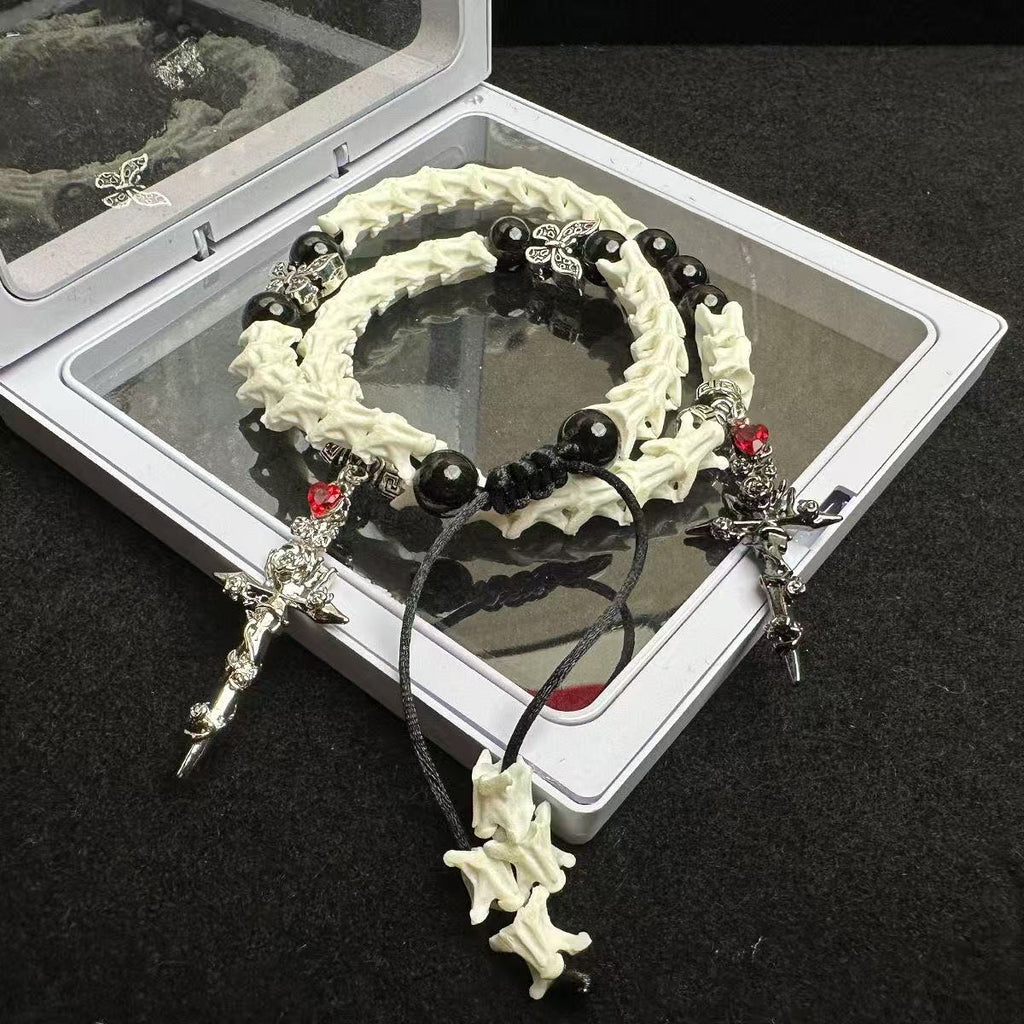 Real Snake Bone Bracelet — Black Obsidian, Butterfly Spacers & Rose Sword Charm | Dark Romance Gothic Jewelry